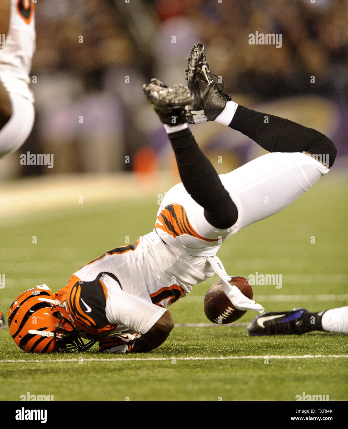 Cincinnati Bengals wide receiver Armon Binns falls head first after being tackled by Baltimore Ravens defensive back Lardarius Webb during the first quarter at M&T Bank Stadium in Baltimore, Maryland on September 10, 2012. At half time the Ravens are leading 17-10. UPI/Matt Roth Stock Photo