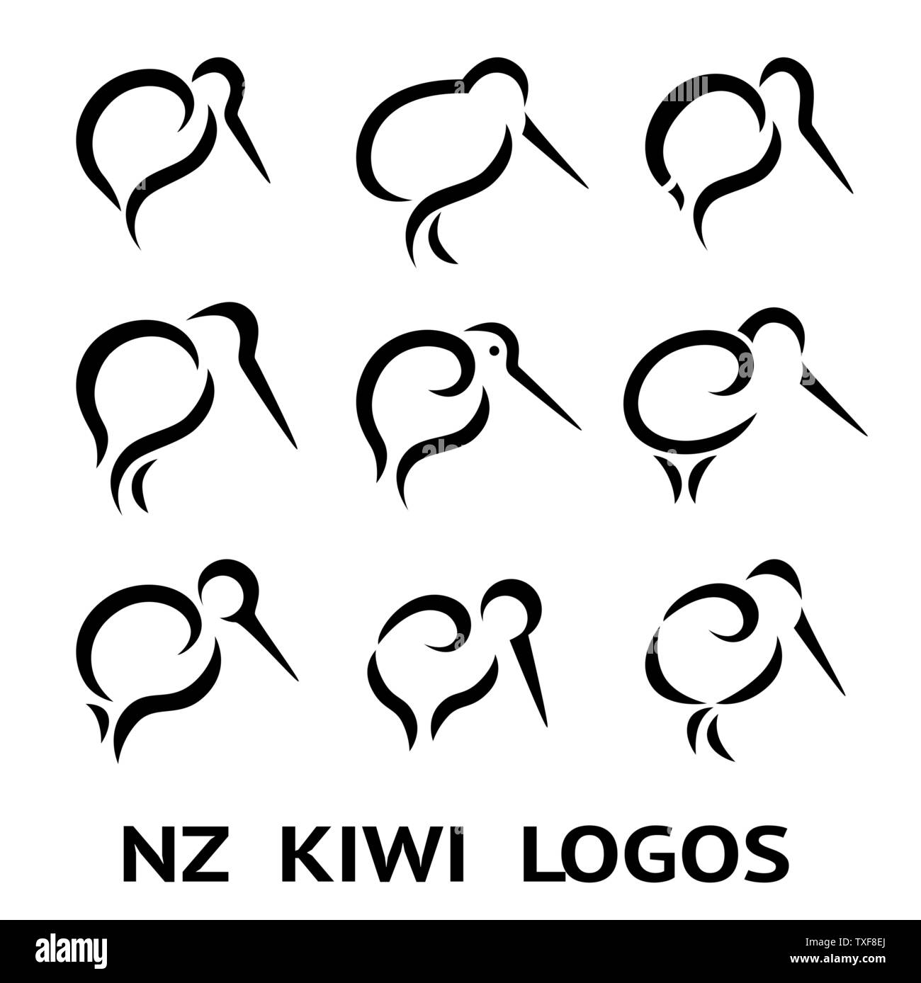 New Zealand Kiwi Bird Logo or tattoo with Maori Style Koru icon Design grouped Stock Vector