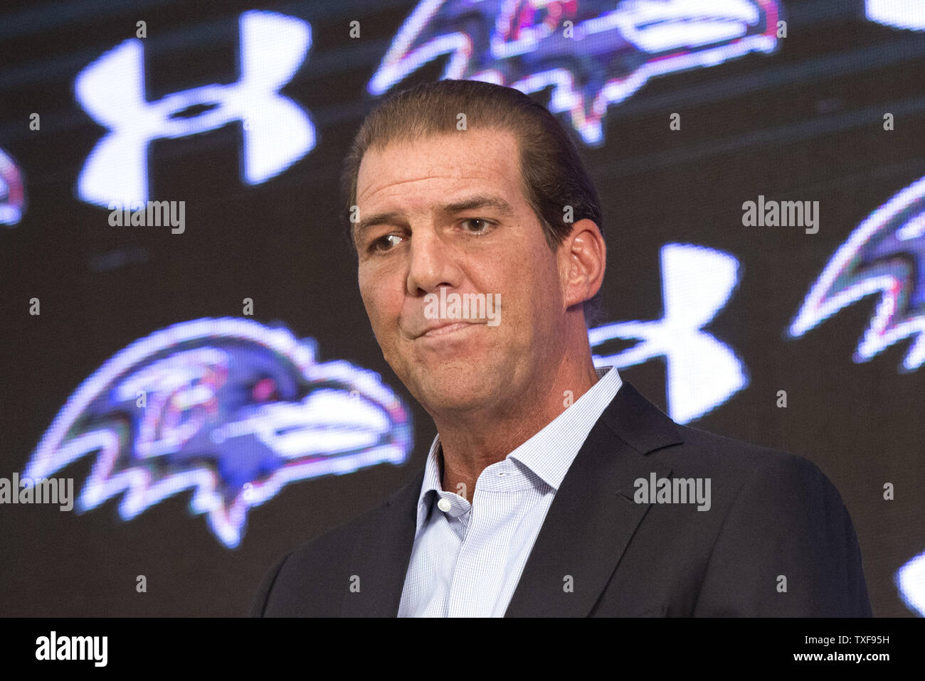 Baltimore Ravens owner Steve Bisciotti speaks to the press about the recent release of Ray Rice and the team's knowledge of Rice's physical altercation with his then-fiancee, at the Raven's practice facility in Owens Mills, Maryland on September 22, 2014. Rice was captured on video physically abusing his fiancé in February.   UPI/Kevin Dietsch Stock Photo