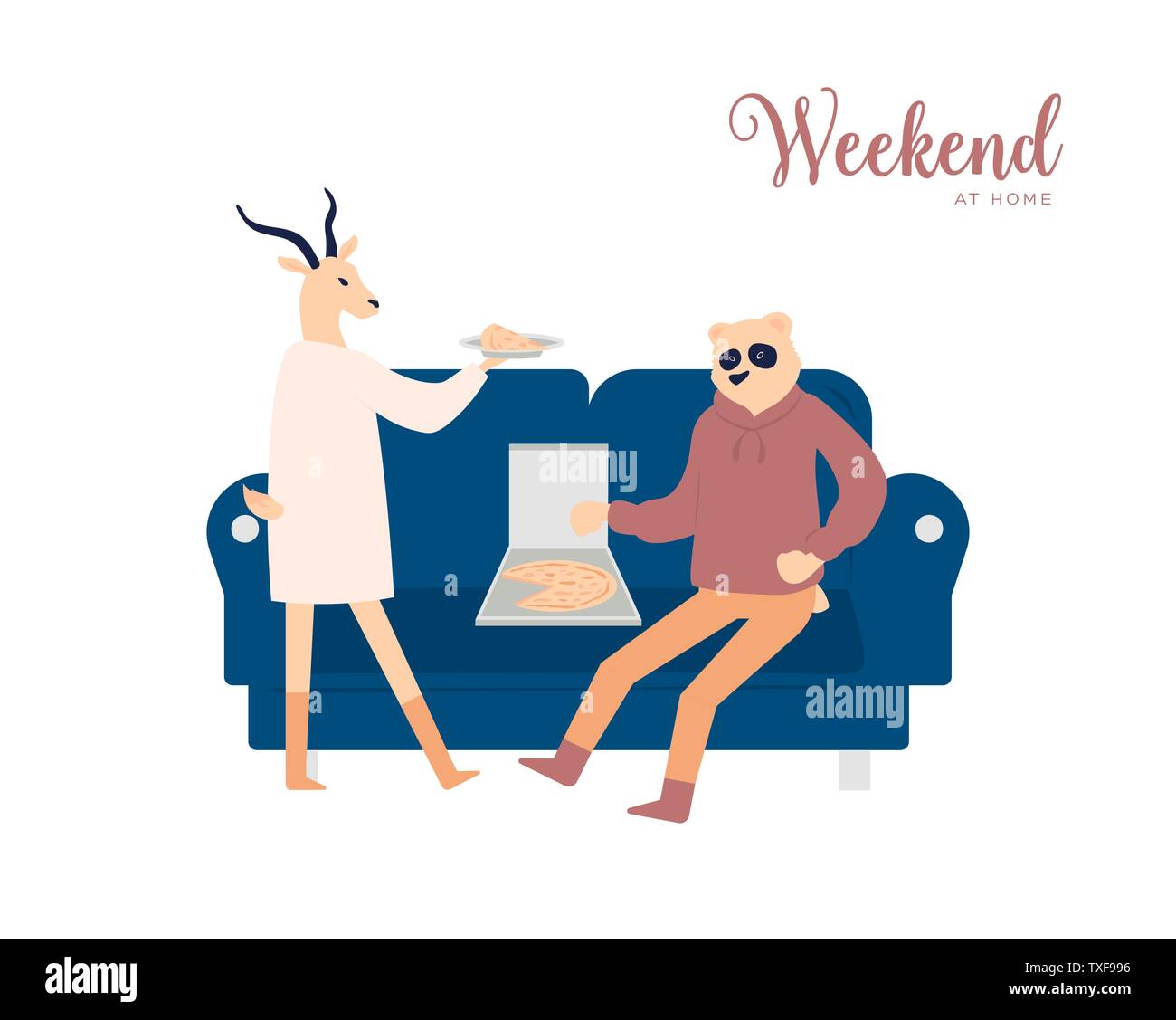 Couple having weekend at home vector poster concept. Boyfriend and girlfriend eating pizza on sofa isolated clipart. Wife and husband flat characters. Humanized animals friends spending time together Stock Vector
