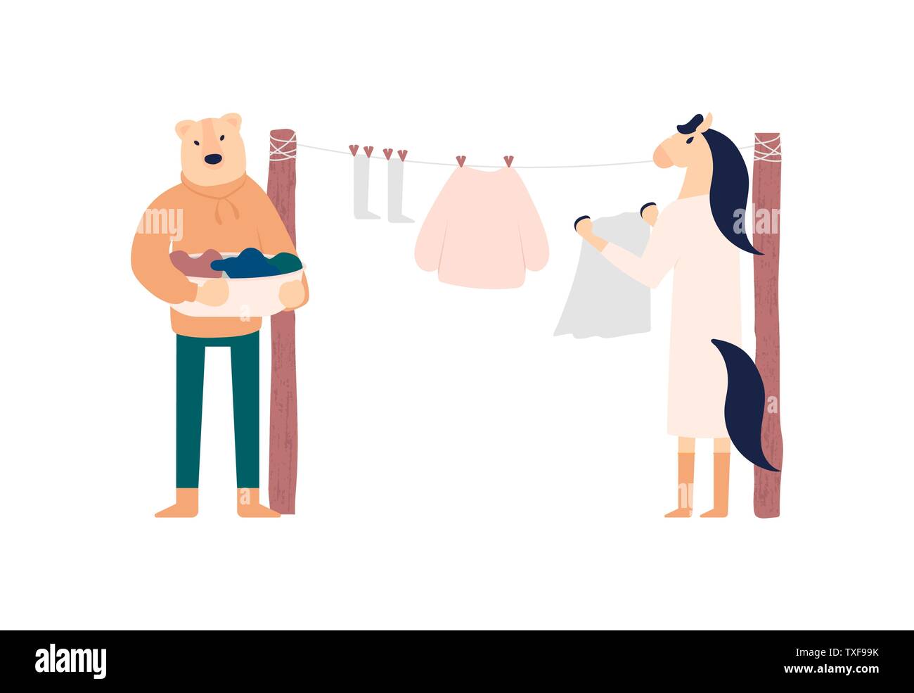 Household chores vector illustration. Wife and husband hanging clothes to dry. Laundry day isolated clipart. Animal metaphors for boyfriend and girlfriend flat characters. Housekeeping poster concept Stock Vector