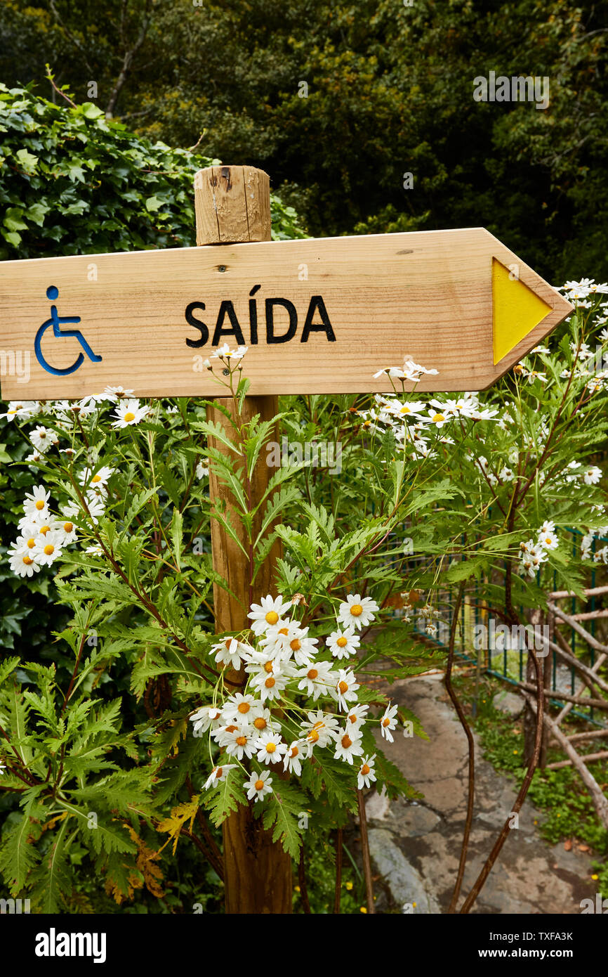 Wheelchair friendly way-out signage from the trout farm at Ribeiro Frio, Madeira, Portugal, European Union Stock Photo