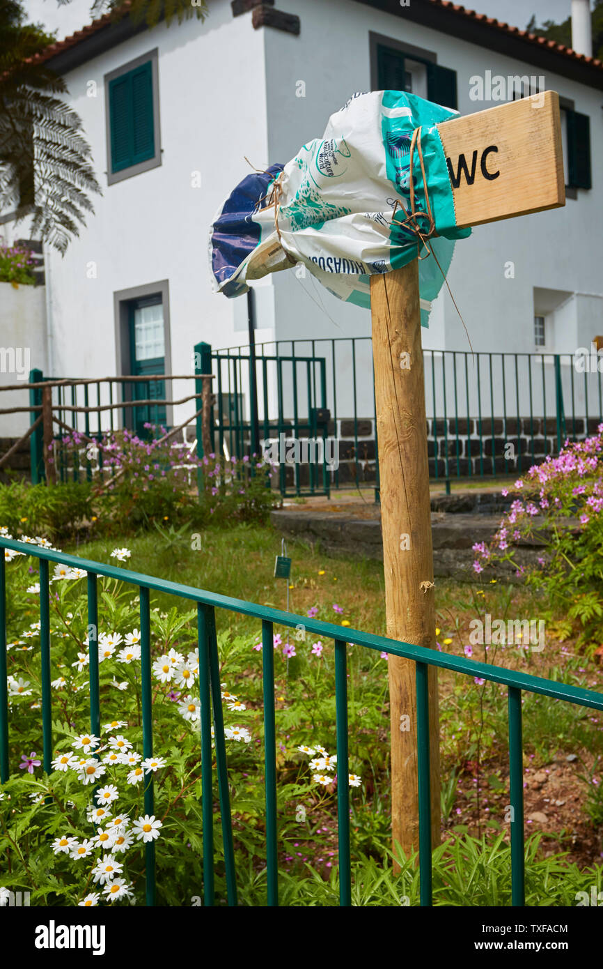 Way out signpost at the Ribeiro Frio trout farm, Madeira, Portugal, European Union Stock Photo