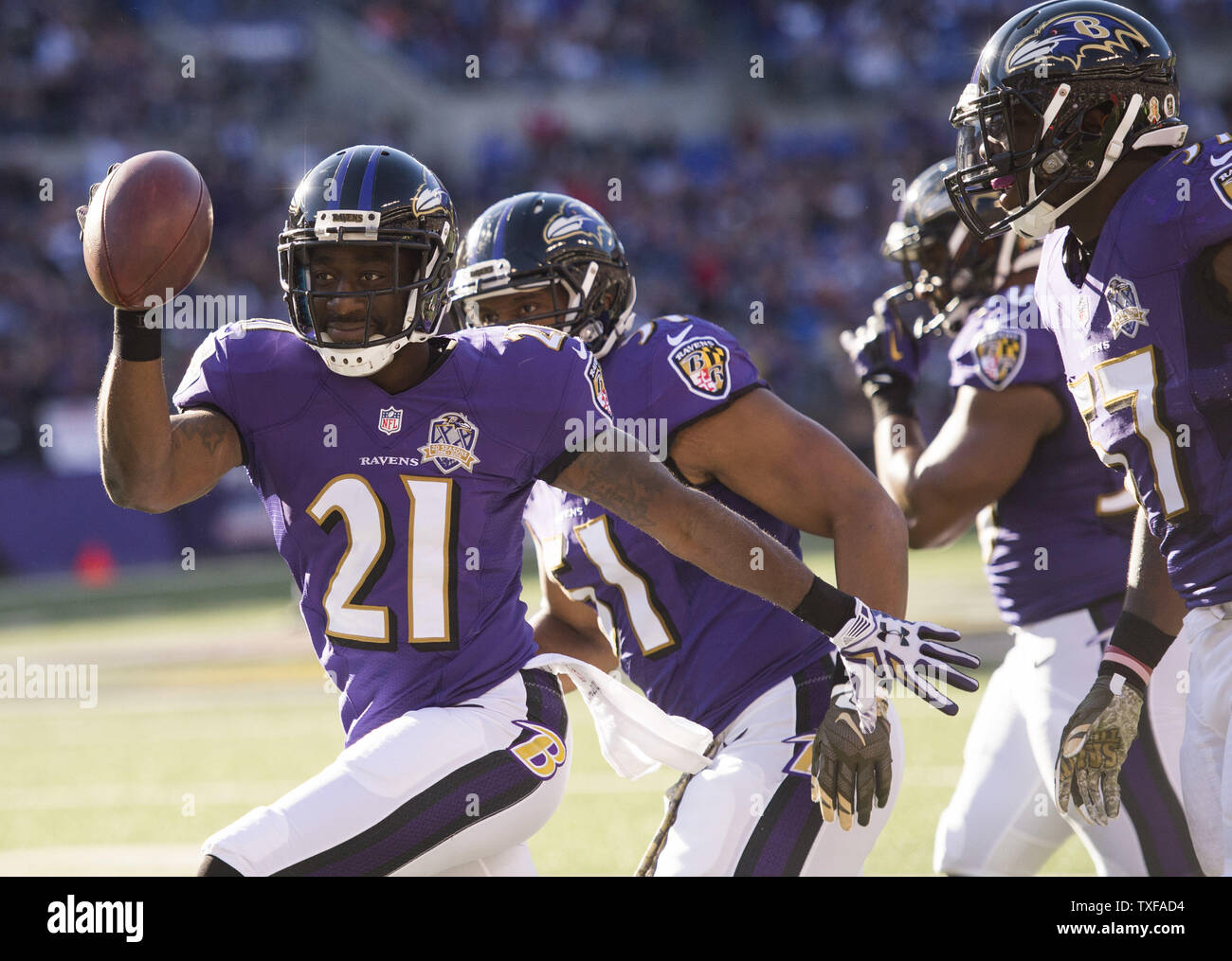 Baltimore Ravens cornerback Lardarius Webb (21) celebrates after intercepting a pass from Jacksonville Jaguars quarterback Blake Bortles in the second quarter at M&T Bank Stadium in Baltimore, Maryland on November 15, 2015. Photo by Kevin Dietsch/UPI Stock Photo