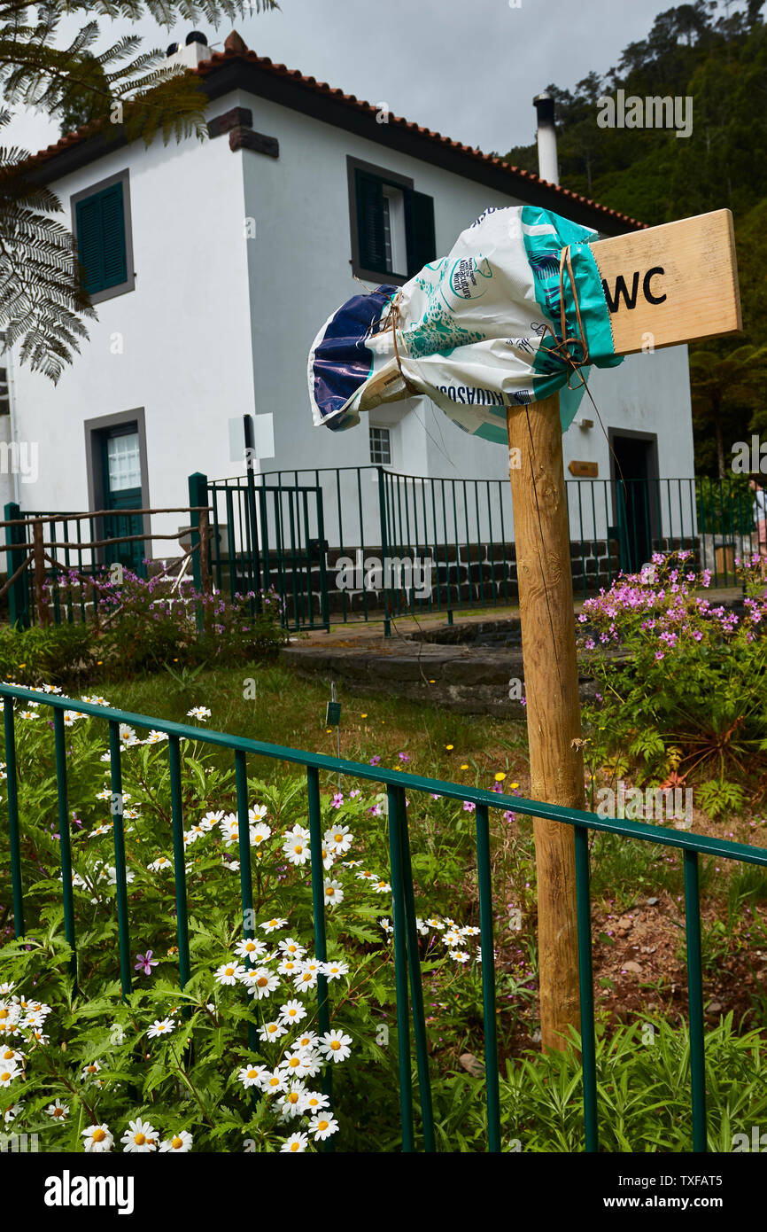 Way out signpost at the Ribeiro Frio trout farm, Madeira, Portugal, European Union Stock Photo