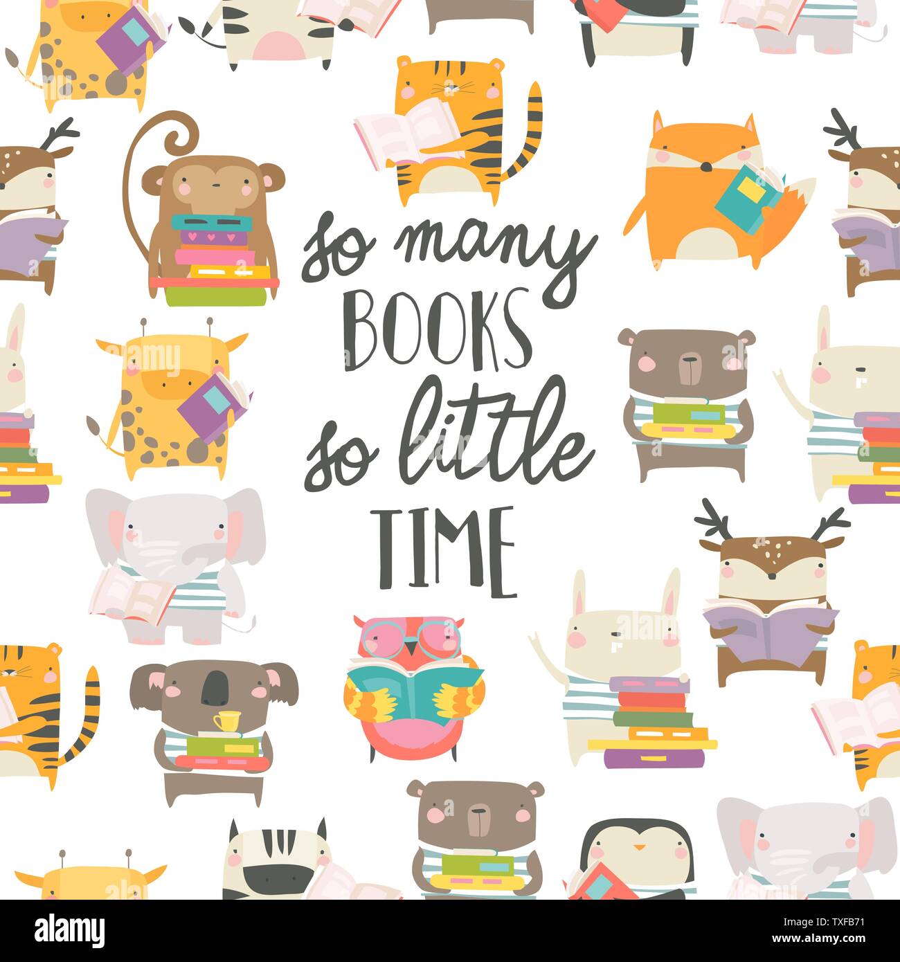 Seamless pattern with cute animals reading books on white background Stock Vector