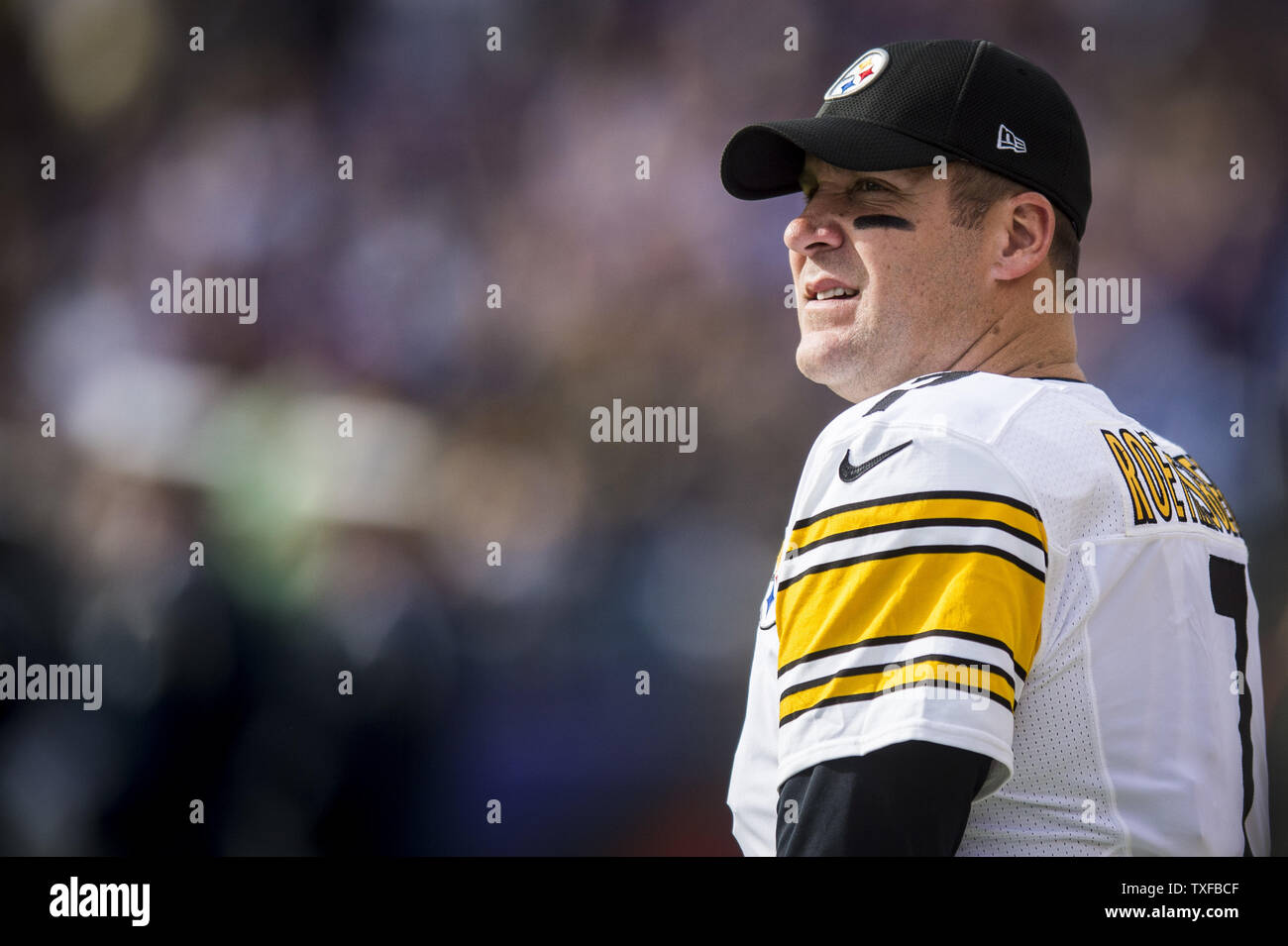 Steelers quarterback Ben Roethlisberger watches the action from the sideline against the Baltimore Colts in the first quarter at M&T Bank Stadium in Baltimore, Maryland on November 6, 2016.      Photo by Pete Marovich/UPI Stock Photo