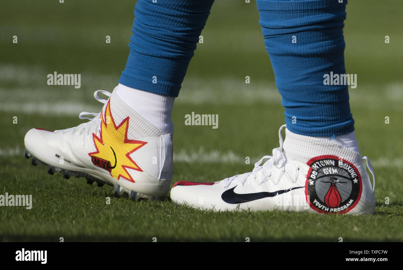 Detroit Lions tight end Michael Roberts' custom cleats are see before the Lions game against the