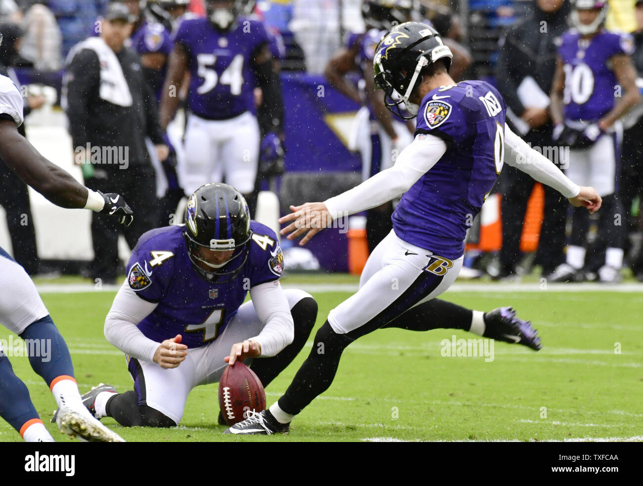 Baltimore Ravens kicker Justin Tucker (9) kicks a 52-yard field goal