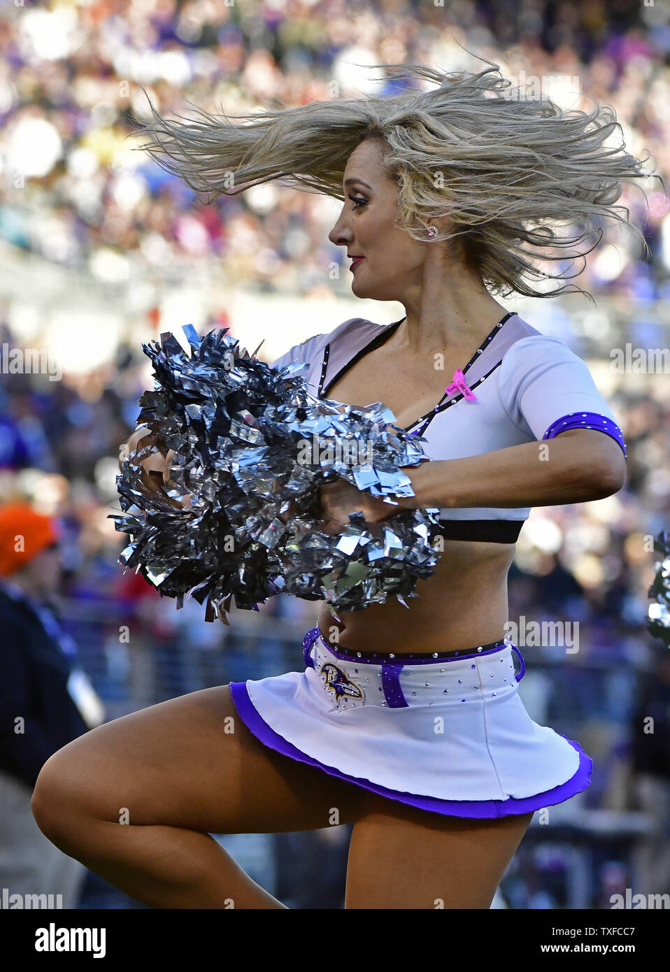 A Baltimore Ravens cheerleader performs against the New Orleans Saints  during the first half of an NFL game at M&T Bank Stadium in Baltimore,  Maryland, October 21, 2018. Photo by David Tulis/UPI