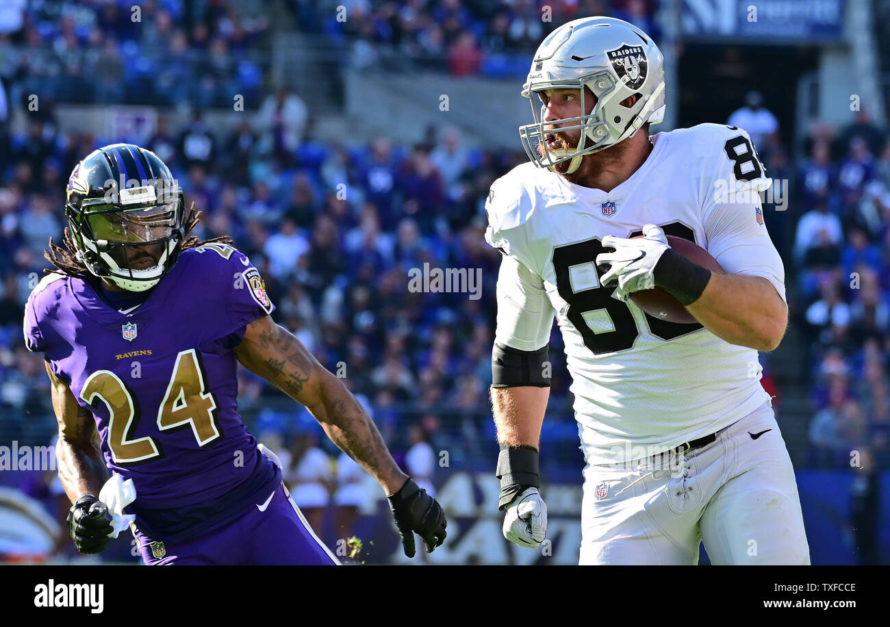 Oakland Raiders tight end Lee Smith (86) makes a reception and a first down past Baltimore Ravens cornerback Brandon Carr (24) during the first half of an NFL game at M&T Bank Stadium in Baltimore, Maryland, November 25, 2018.   Photo by David Tulis/UPI Stock Photo