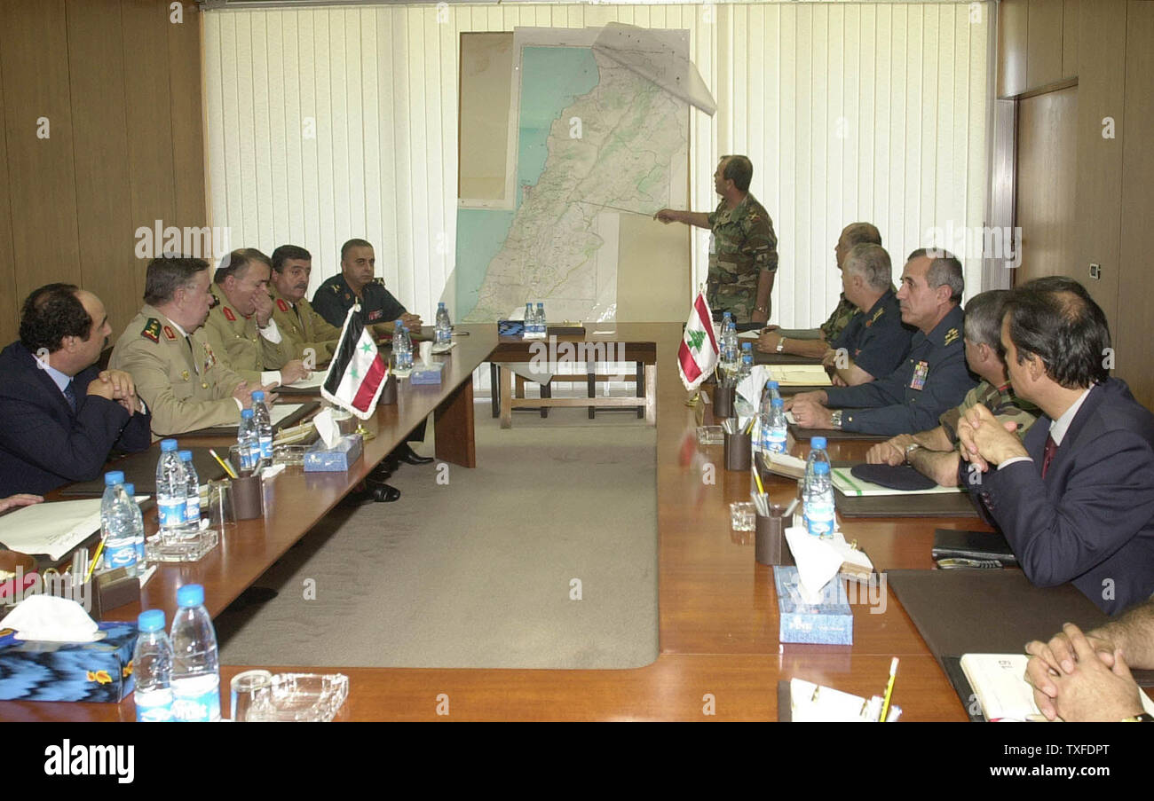 The Lebanese army command and a visiting high-ranking Syrian military delegation led by defense minister Gen. Hassan Turkmani hold talks at the defense ministry in Yarze,  north of Beirut, Tuesday, Sept. 21, 2004. The talks focused on a major redeployment of Syria's estimated 16,000  troops in Lebanon.  (UPI Photo/Mohammed Tawil) Stock Photo