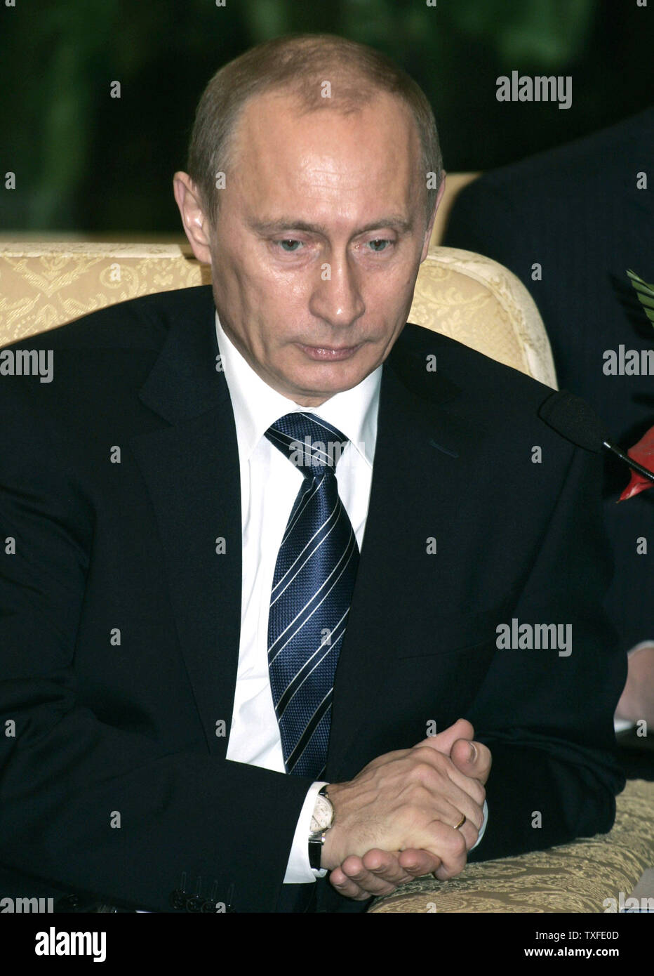Russian President Vladimir Putin attends a meeting with Chinese Premier Wen Jiabao in Beijing, March 22, 2006. During Putin's state visit to China, two countries agreed to build two major gas pipelines and broaden their links in other energy sectors.(UPI Photo/Anatoli Zhdanov) Stock Photo