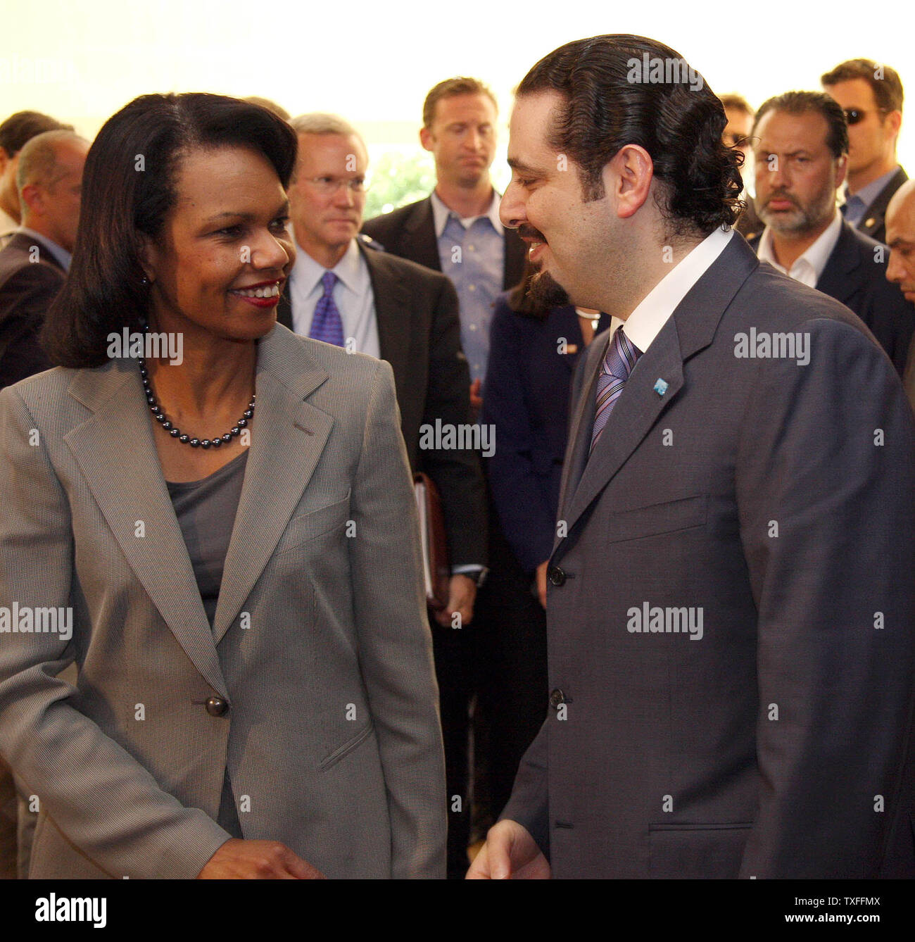 U.S. Secretary of State Condoleezza Rice (L) is greeted by head of the pro-government Future Movement Saad Hariri in Beirut on June 16, 2008. Rice made an unannounced visit to Lebanon to show support for Lebanon’s democratic institutions following last months power-sharing deal that ended an 18 month political stand off between the Lebanese government and the Hezbollah backed opposition. (UPI Photo/Dalati & Nohra) Stock Photo