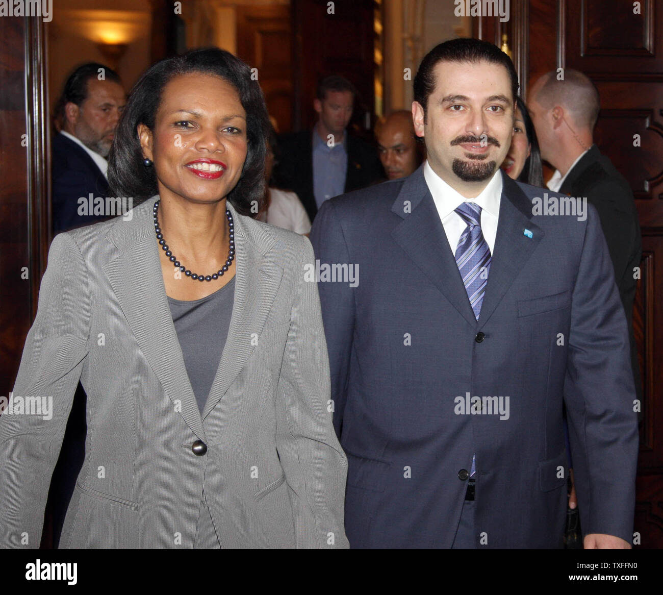 U.S. Secretary of State Condoleezza Rice (L) is greeted by head of the pro-government Future Movement Saad Hariri in Beirut on June 16, 2008. Rice made an unannounced visit to Lebanon to show support for Lebanon’s democratic institutions following last months power-sharing deal that ended an 18 month political stand off between the Lebanese government and the Hezbollah backed opposition. (UPI Photo/Dalati & Nohra) Stock Photo