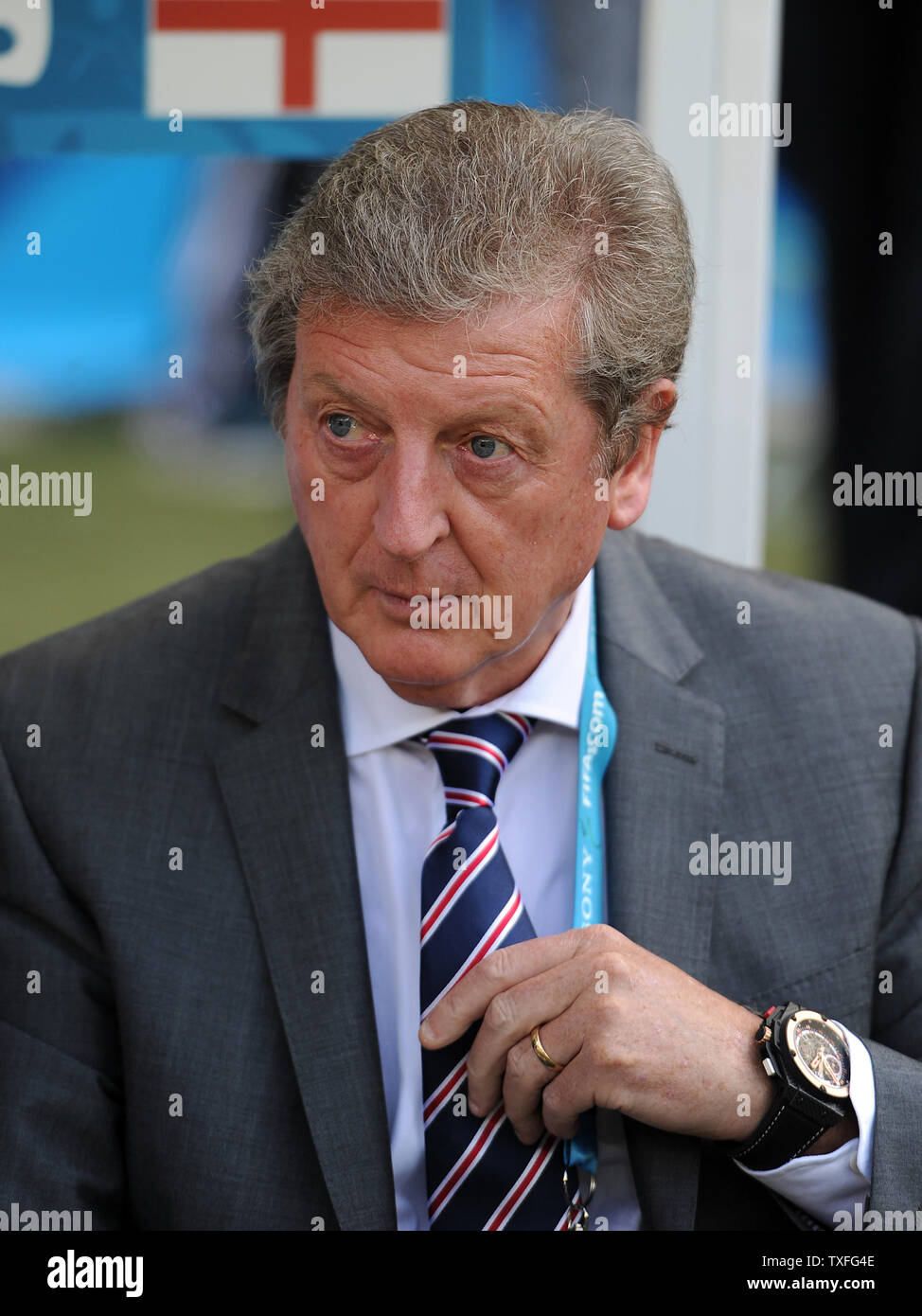 England manager Roy Hodgson looks on during the 2014 FIFA World Cup Group D match at the Estadio Mineirao in Belo Horizonte, Brazil on June 24, 2014. UPI/Chris Brunskill Stock Photo