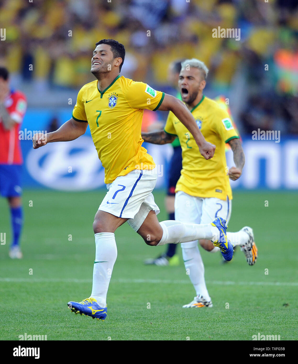 Hulk of Brazil celebrates at full-time following the 2014 FIFA World Cup Round of 16 match at the Estadio Mineirao in Belo Horizonte, Brazil on June 28, 2014. UPI/Chris Brunskill Stock Photo