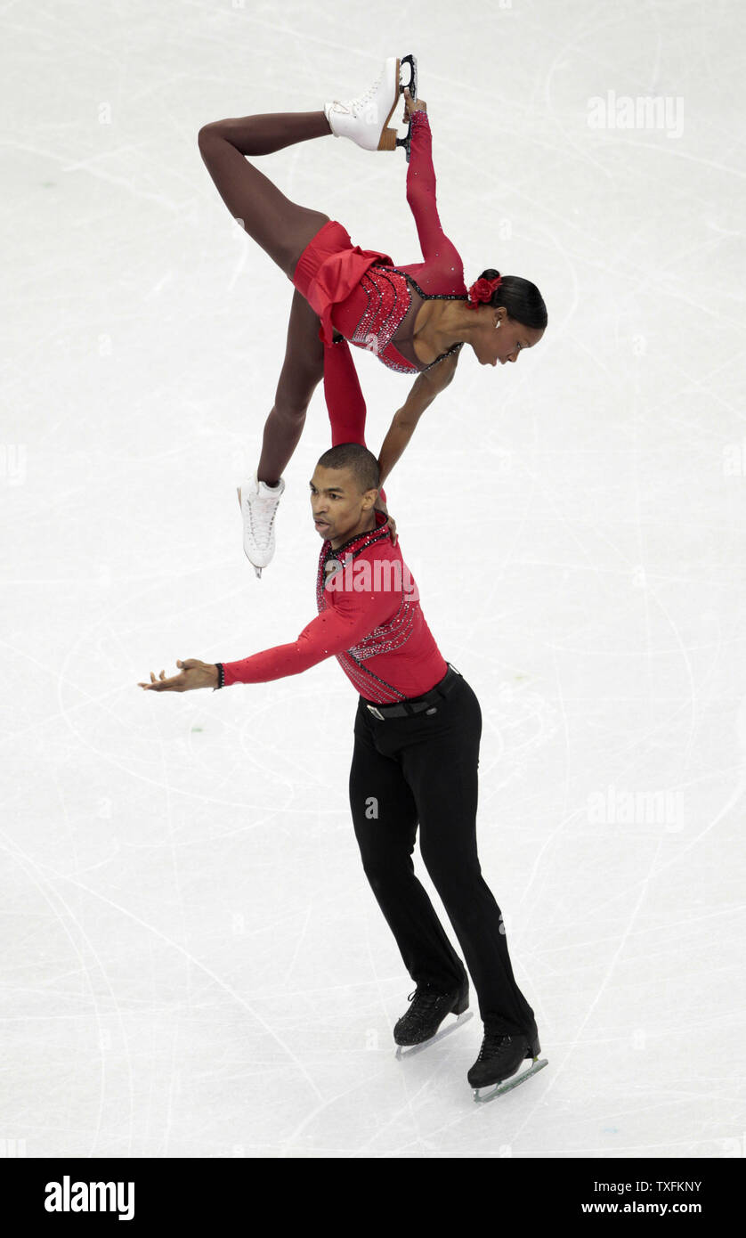 Vanessa James (top) and Yannick Bonheur of France skate during their