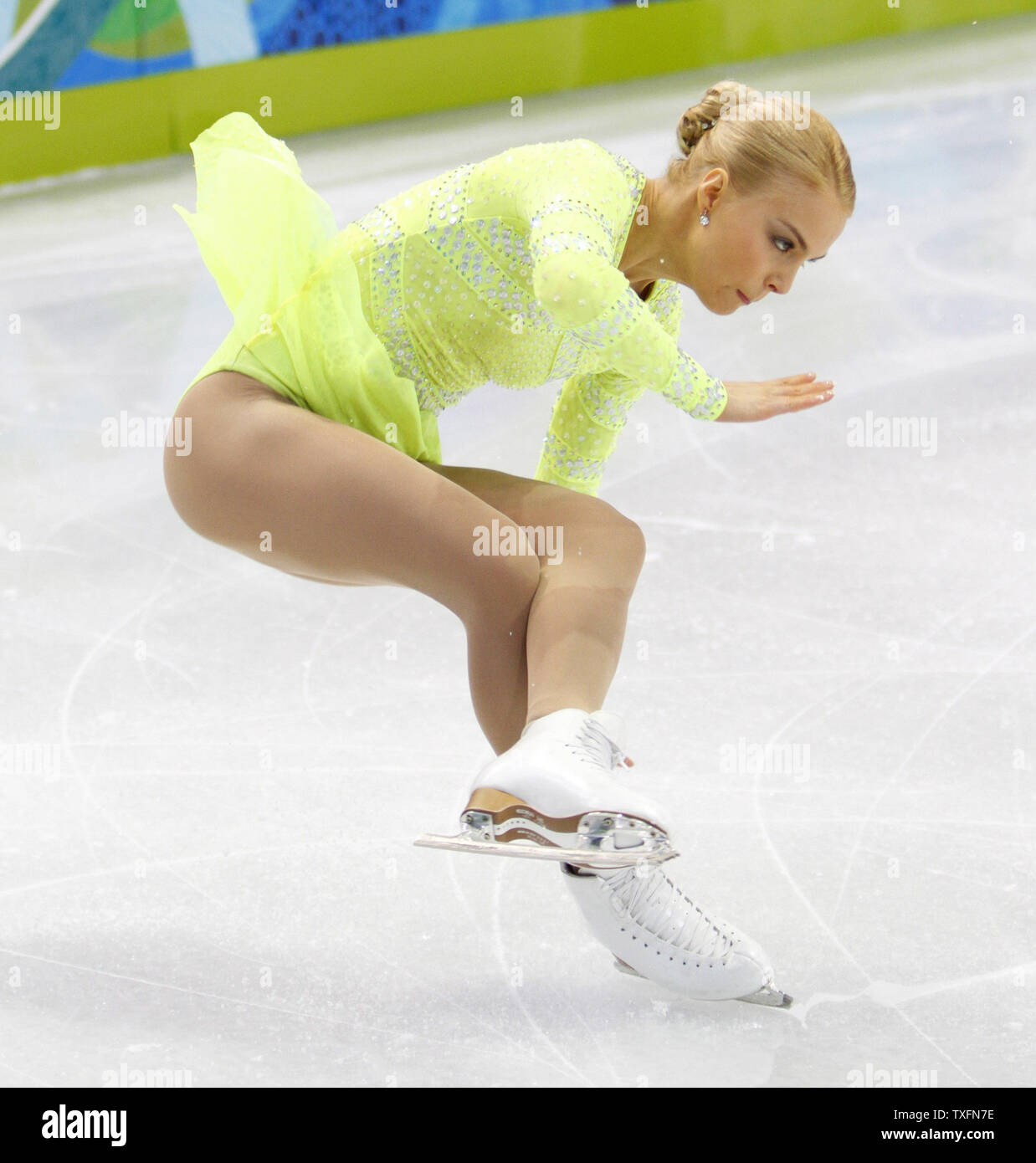 Kiira Korpi of Finland falls as she skates her short program in the women's figure competition at the 2010 Winter Olympics in Vancouver, Canada on February 23, 2010.     UPI/Brian Kersey Stock Photo