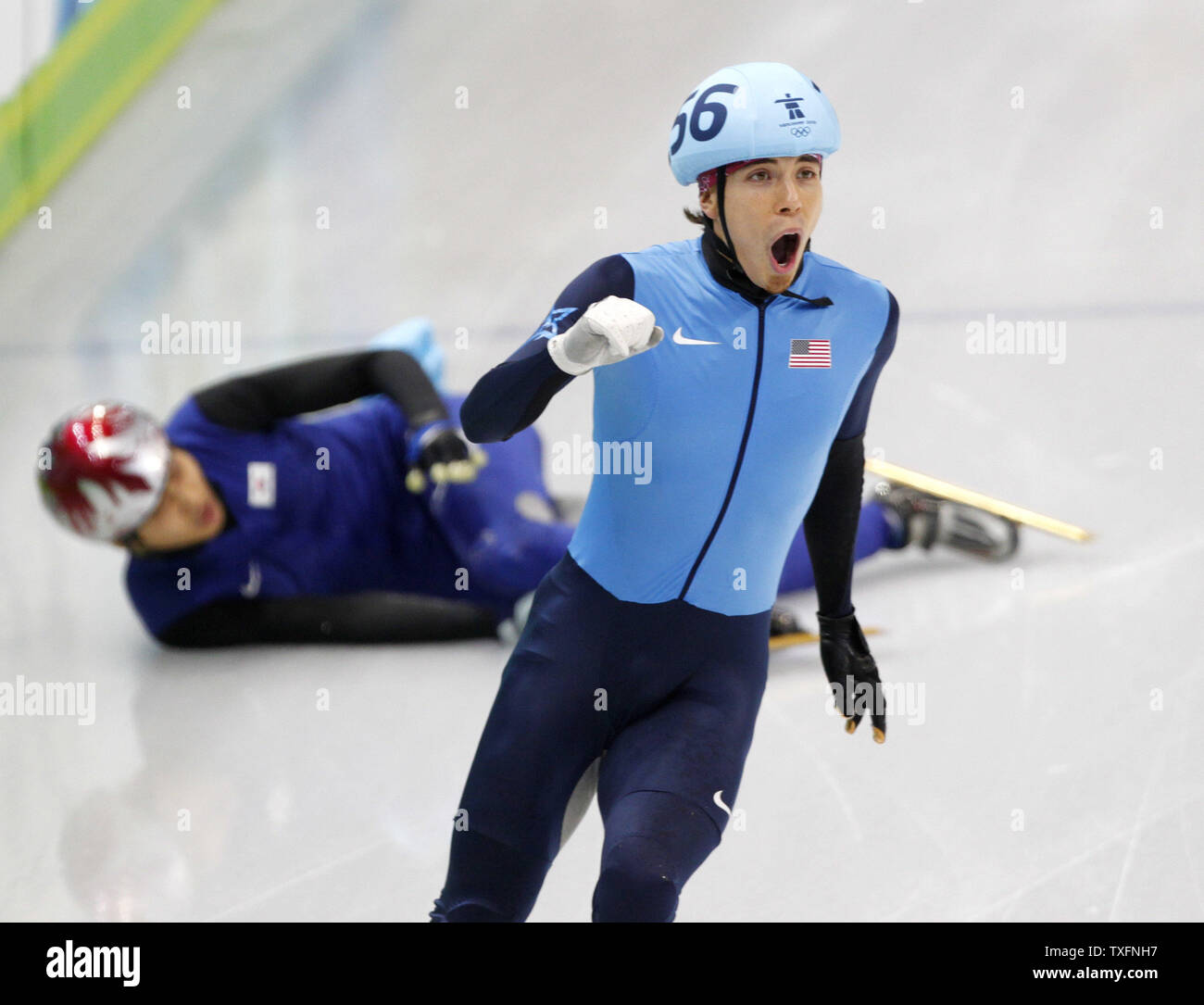 Apolo Anton Ohno Of The United States Reacts After Causing A Finish Line Crash In The Men S 500 Meter Short Track Speed Skating Final At The 10 Winter Olympics In Vancouver Canada