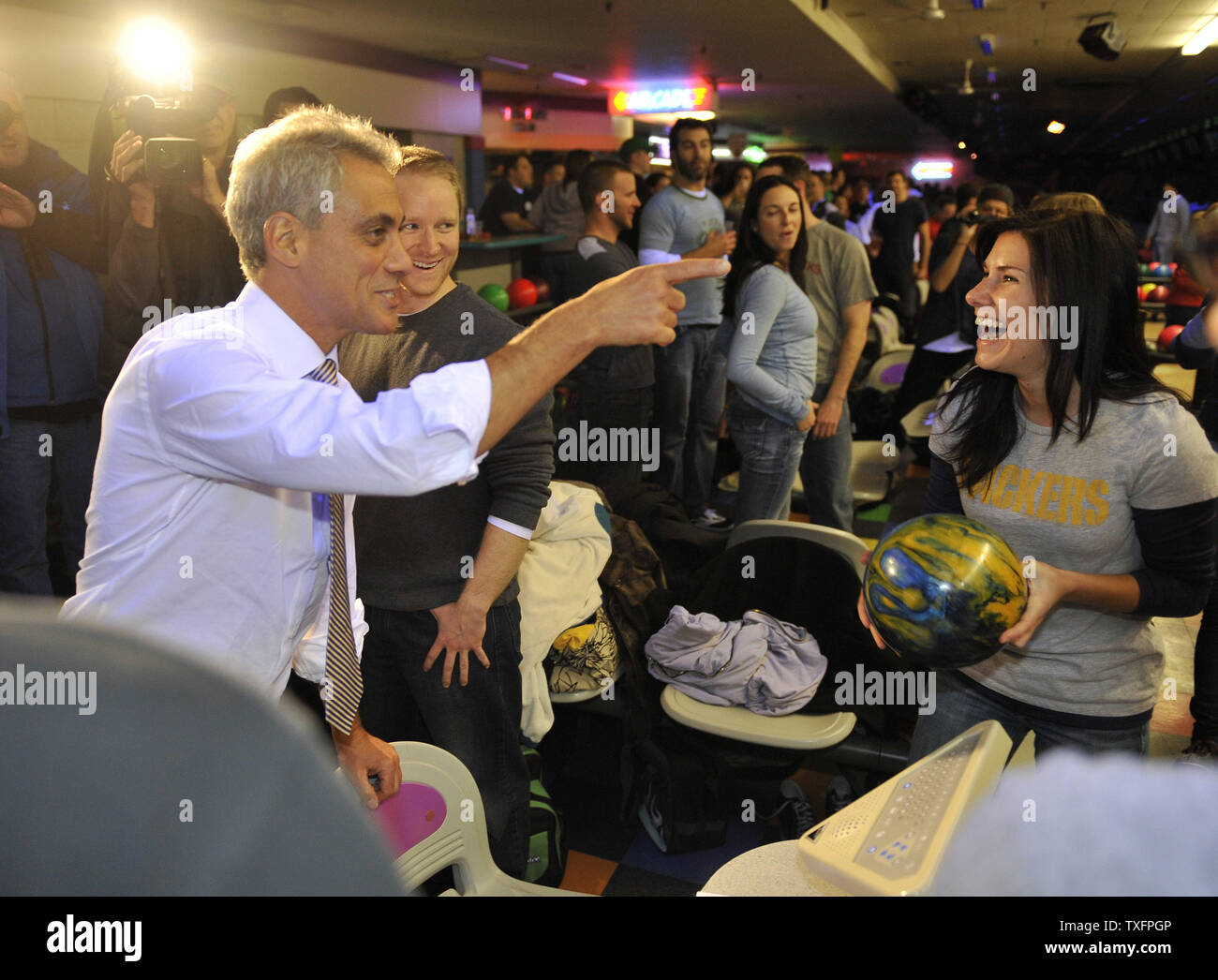 Chicago mayoral candidate Rahm Emanuel greets patrons at a bowling alley in Chicago on January 24, 2011. An Illinois appellate court threw the former congressman and White House chief of staff off the ballot ruling that he did not meet the residency requirements to run for mayor of Chicago.      UPI/Brian Kersey Stock Photo