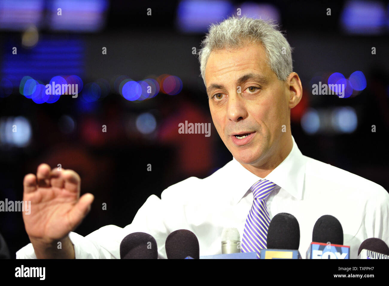 Chicago mayoral candidate Rahm Emanuel talks to reporters at a bowling alley in Chicago on January 24, 2011. An Illinois appellate court threw the former congressman and White House chief of staff off the ballot ruling that he did not meet the residency requirements to run for mayor of Chicago.      UPI/Brian Kersey Stock Photo