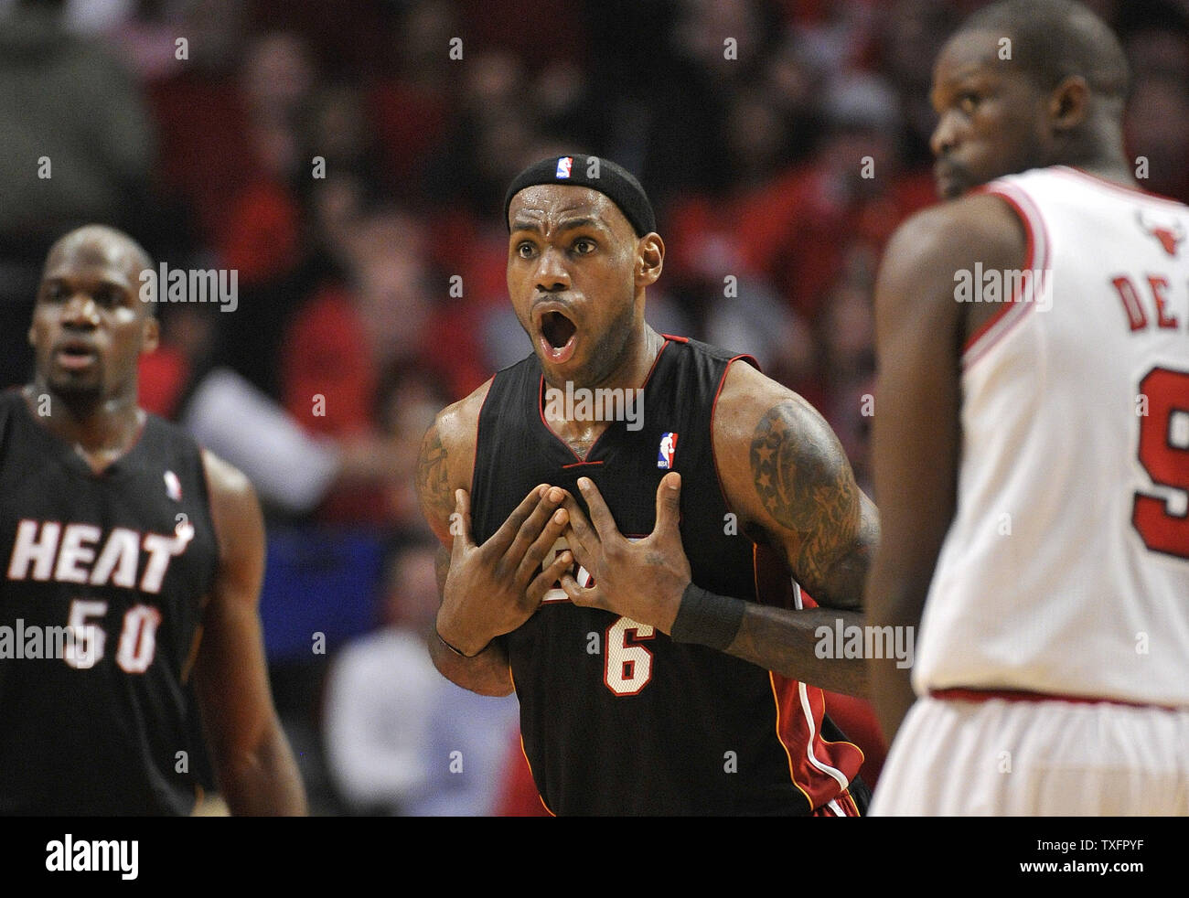 Miami Heat forward LeBron James reacts after being called for a foul during the first quarter of game 1 of the Eastern Conference Finals against the Chicago Bulls at the United Center in Chicago on May 15, 2011.     UPI/Brian Kersey Stock Photo