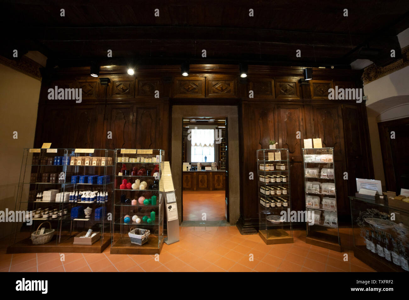 The Interiors of the old Camaldoly pharmacy with the original furniture in inlaid wood. Now it's used as a shop for the monks' medicinal products. Stock Photo