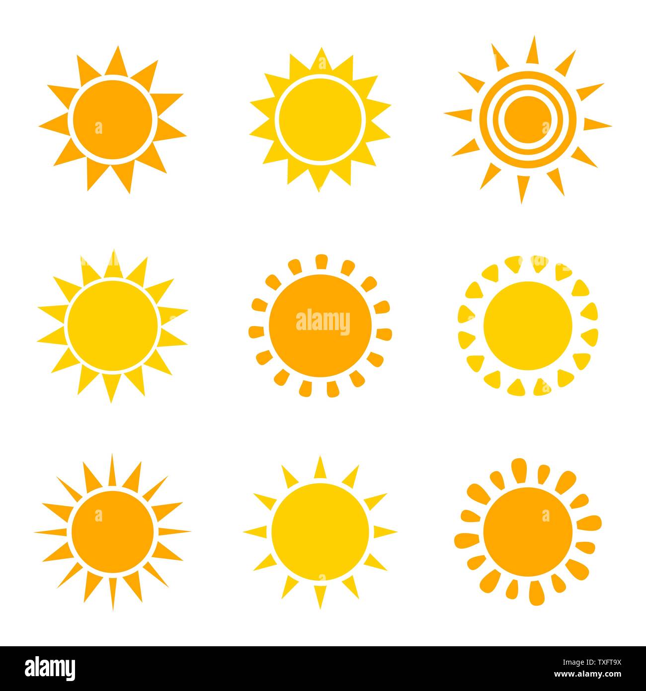 Set of orange and yellow sun icons on white background. Vector ...