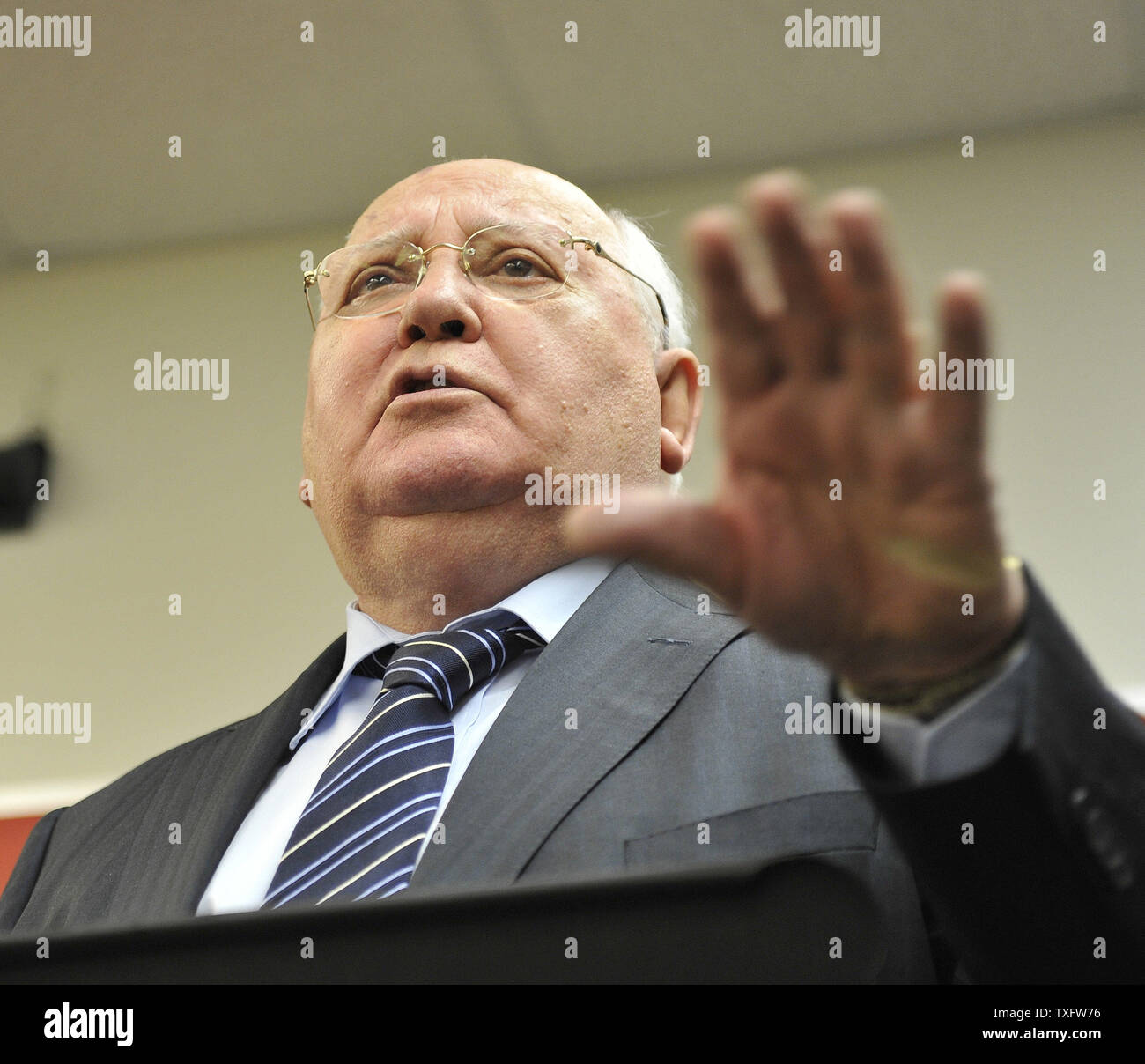 Former Soviet President Mikhail Gorbachev speaks to students at Frederick  Von Steuben Metropolitan Science Center as part of the 12th World Summit of Nobel  Peace Laureates on April 23, 2012 in Chicago.