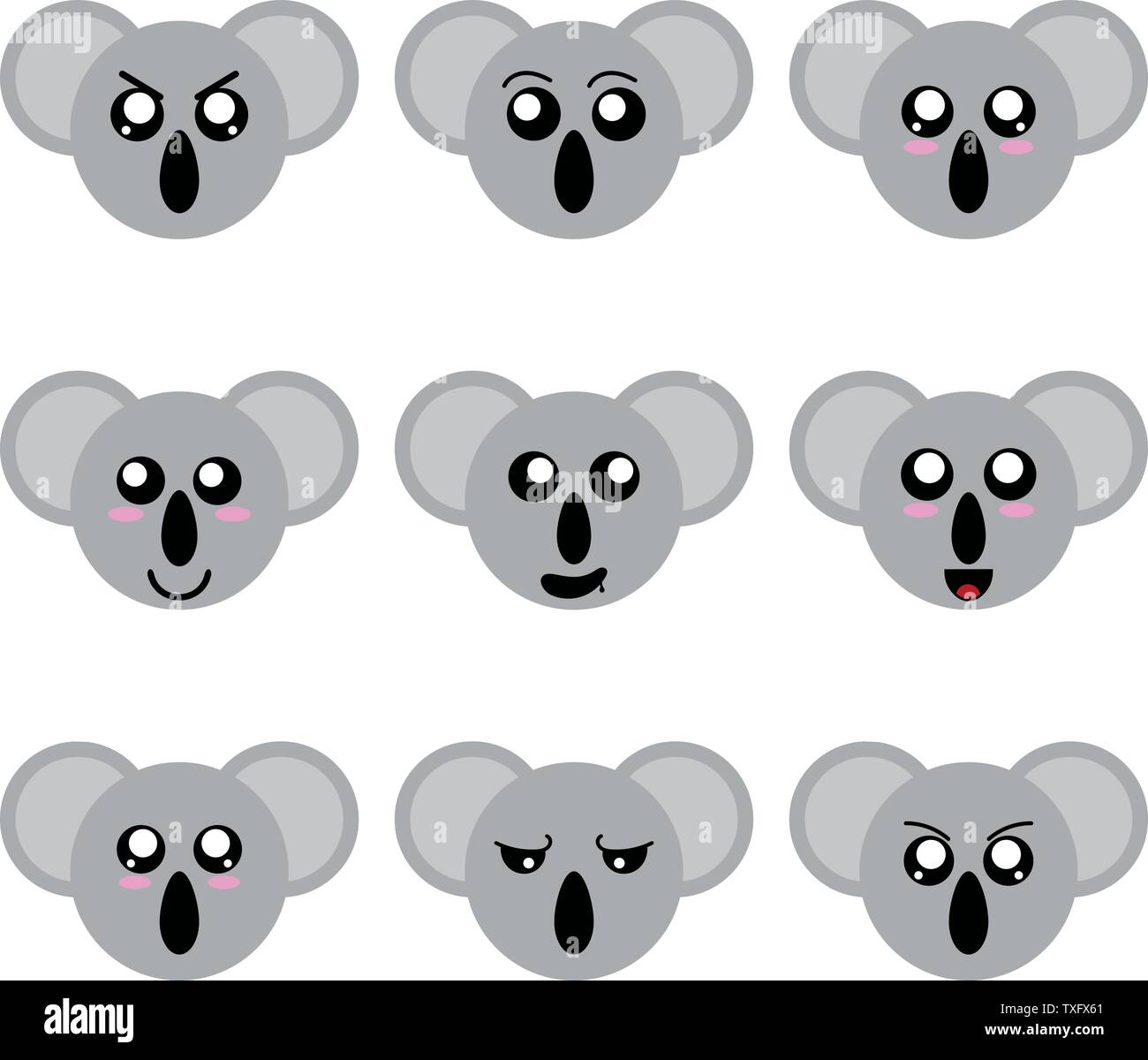 Collection of Koala Smiley Faces isolated on white background. Different Emotions. Vector Illustration for Your Design, Game, Card. Stock Vector