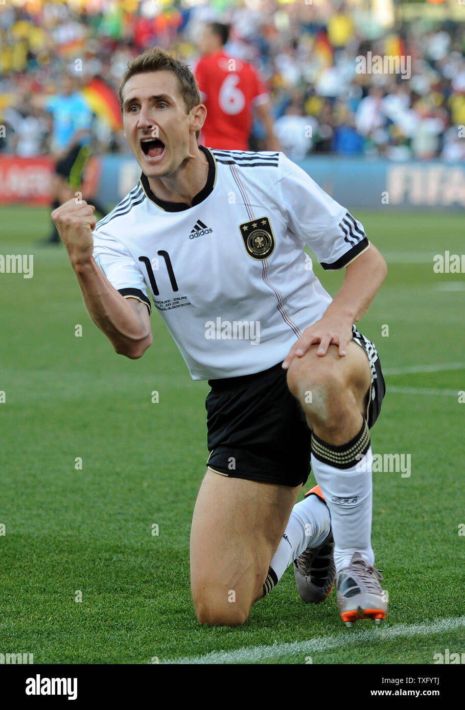 Miroslav Klose of Germany celebrates scoring his side's opening goal during the Round 16 match at the Free State Stadium in Bloemfontein, South Africa on June 27, 2010. UPI/Chris Brunskill Stock Photo