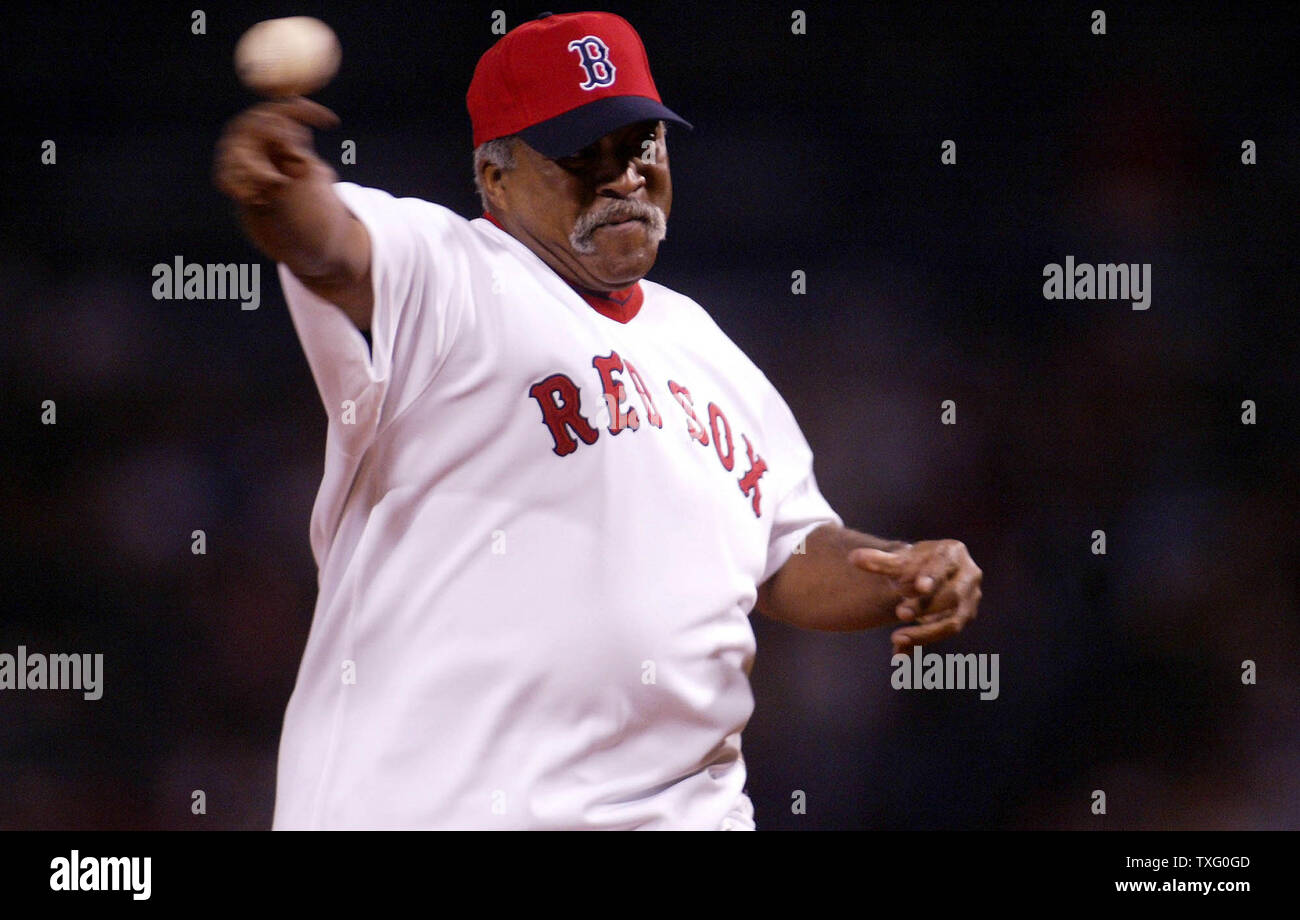 Luis Tiant, of the 1975 Boston Red Sox Team, throws out the first ball, to  Hall of Fame Catcher Carlton Fisk, of the 1975 Red Sox Team, before the Boston  Red Sox
