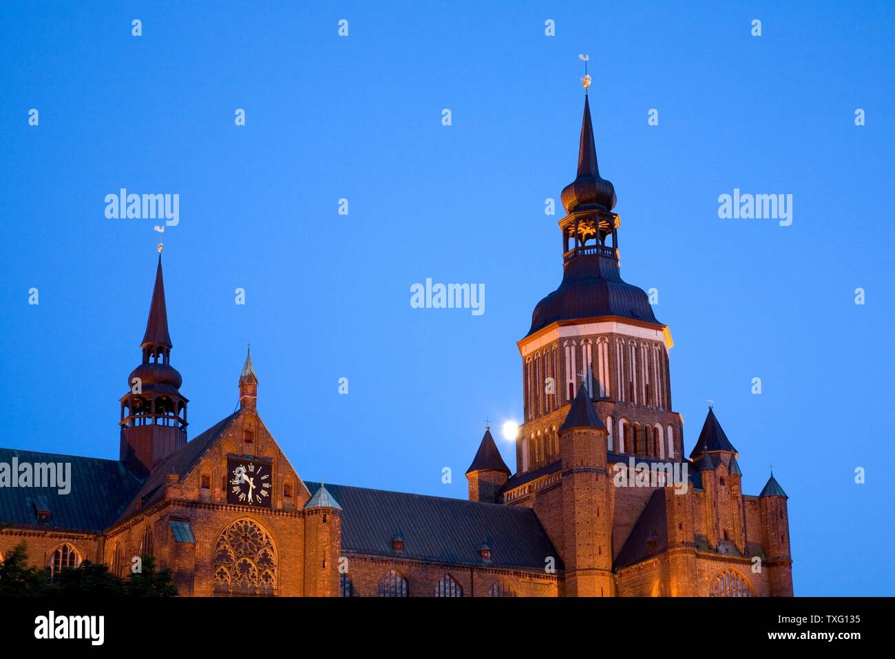 geography / travel, Germany, Mecklenburg-West Pomerania, moon behind the St. Mary's Church at new mark, Additional-Rights-Clearance-Info-Not-Available Stock Photo