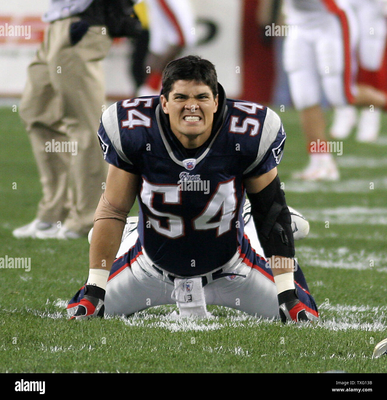 New England Patriot linebacker Tedy Bruschi warms up with the team for the  first time this season during their game against the Buffalo Bills at  Gillette Stadium on Sunday October 30, 2005.