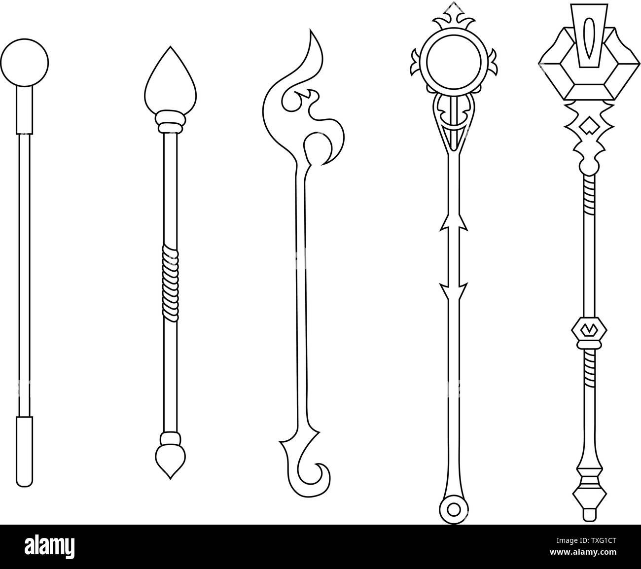 Set of Staff Icons isolated on white background. Magic Weapon. Vector Illustration for Your Design, Game, Card, Web. Stock Vector