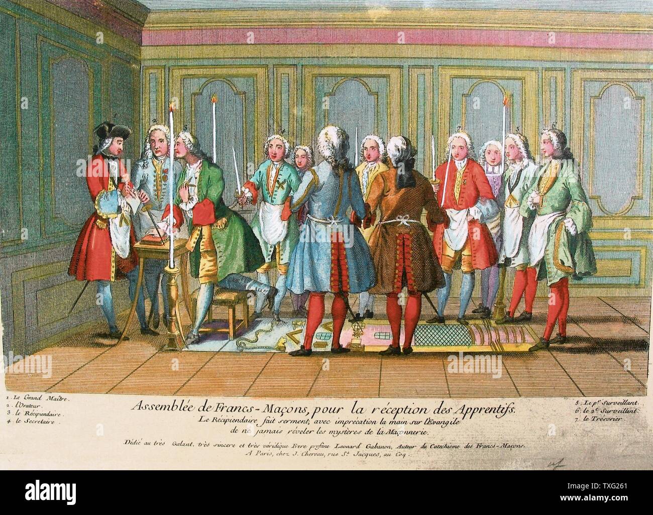 J.Ph. Le Bras Inauguration of an Apprentice in a Lodge  Mid 18th century  Colour printed panel, by 'Gabanon' (25 cm x 35.5 cm) Musée de la Franc-Maçonnerie, Paris Stock Photo