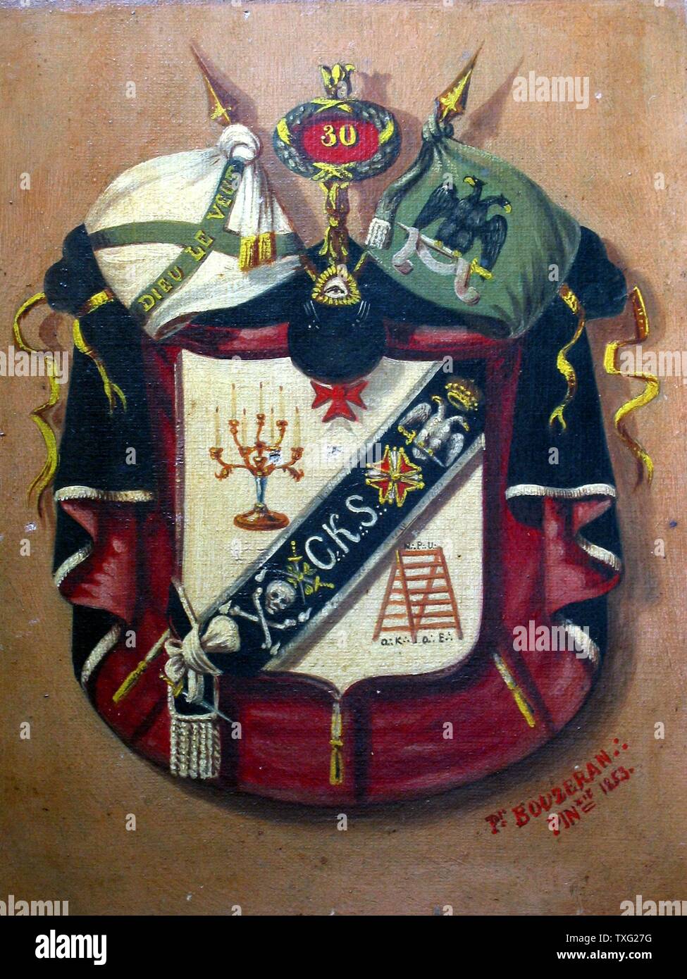 P. Bouzeran Emblematic coat of arms for the grade of Kadosch 30th degree of  the Ancient and Accepted Scottish Rite 1853 Painting on canvas (24 cm x  18.5 cm) Paris, musée de