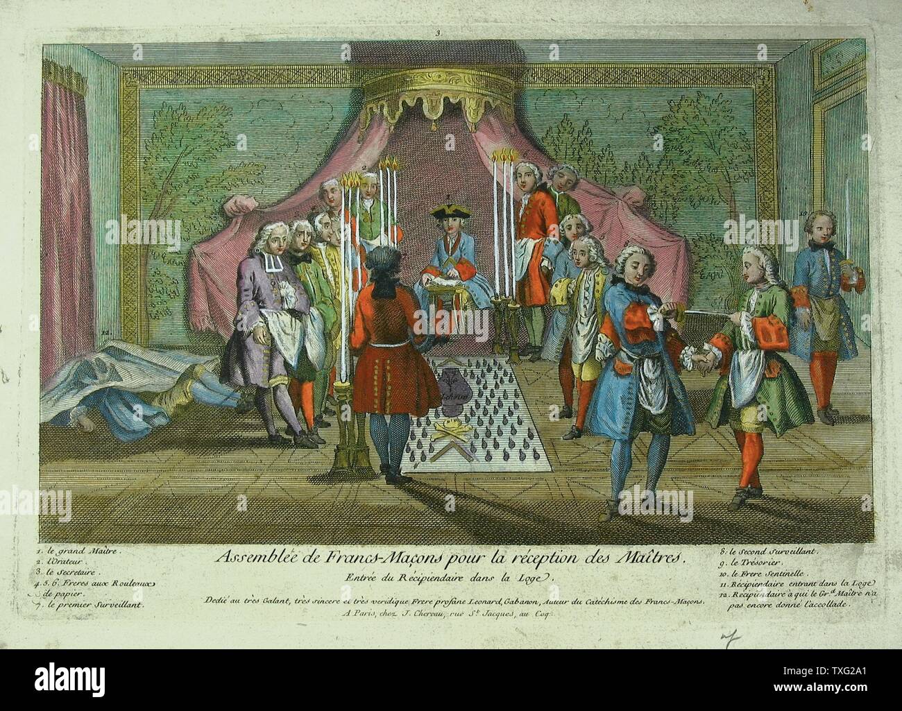 J.Ph. Le Bras Elevation to Master Mid 18th century Colour printed panel, by 'Gabanon' (25 cm x 35.5 cm) Musée de la franc-Maçonnerie, Paris Stock Photo