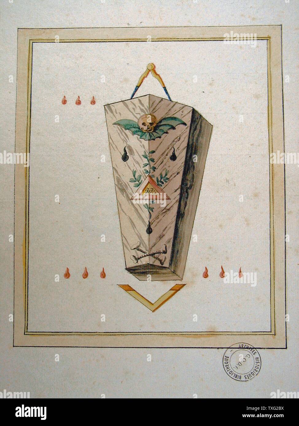 Symbols and high level allegories of French freemasonry  Cenotaphe of a Master bearing a set square and compass, 9 outer tear drops Around 1780 Watercolour on paper (30 cm x 23 cm) Musée de la Franc-Maçonnerie, Paris Stock Photo