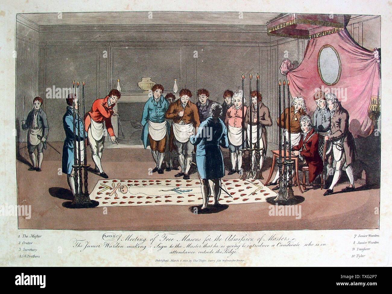 Elevation to Master I Early 19th century  English lithograph (25 cm x 39 cm) after the French engravers known as 'Gabanon' in the mid 18th century. Preparations before the applicant enters the lodge. Paris, musée de la Franc-Maçonnerie Stock Photo