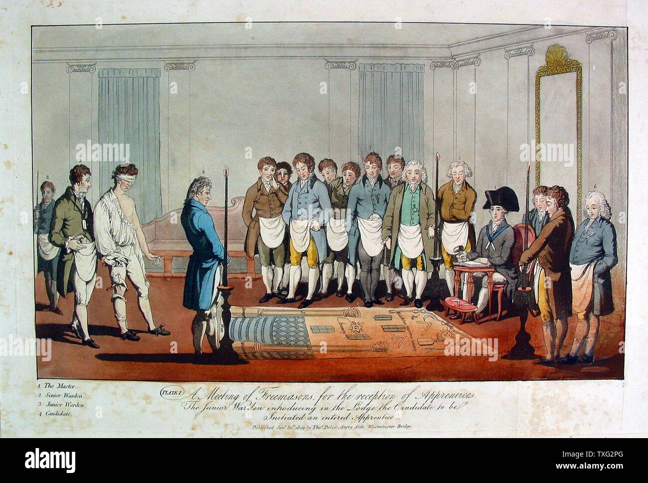 Inauguration of an Apprentice I Early 19th century English lithograph (25 cm x 39 cm) after the French engravers known as 'Gabanon' in the mid 18th century. The applicant is lead into the temple blindfolded. Paris, musée de la Franc-Maçonnerie Stock Photo