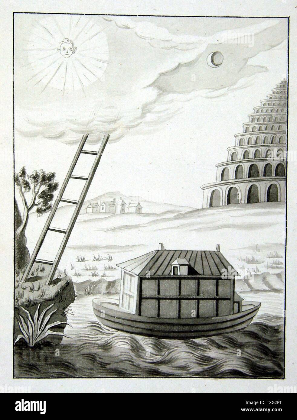 Noah's Ark, a five rung ladder and the Tower of Babel  End of 18th century Lead pencil drawing (23.5 cm x 18 cm)  full-page of a ritual manuscript notebook from the Masonry of Adoption, Apprentice grade. Paris, musée de la Franc-Maçonnerie Stock Photo