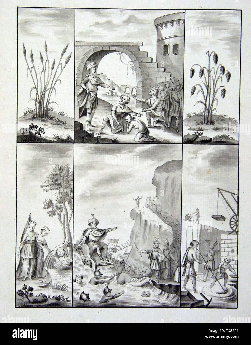 Biblical episodes End of 18th century Lead pencil drawing (23,5 cm x 18 cm) full-page from a ritual manuscript notebook from the Masonry of Adoption, grade of Perfect mistress. Paris, musée de la Franc-Maçonnerie Stock Photo