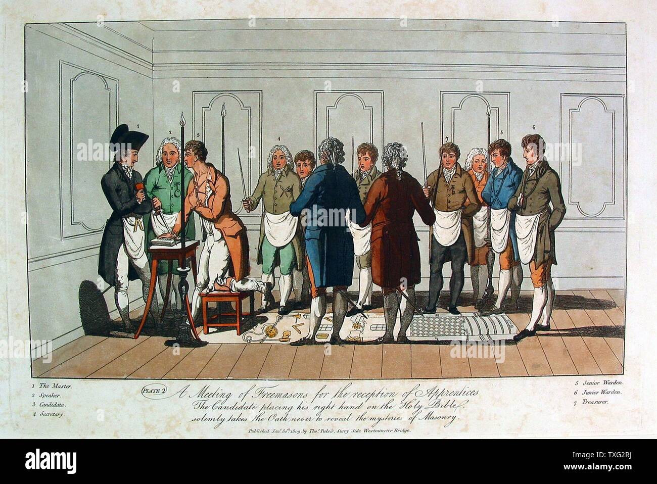 Inauguration of an Apprentice II Early 19th century  English lithograph (25 cm x 39) after the French engravers known as 'Gabanon' in the middle of the 18th century. The applicant is lead into the temple blindfolded. Paris, musée de la Franc-Maçonnerie Stock Photo