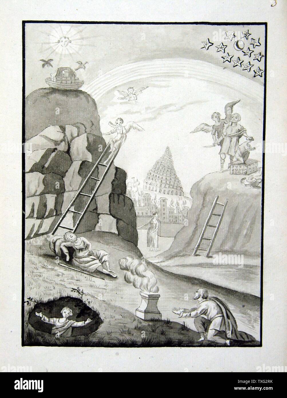 The Ladder of Jacob, the Ark and the Tower of Babel, Lazare and Abraham End of 18th century Lead drawing (23.5 cm x 18 cm)  full-page of a ritual manuscript notebook from the Masonry of Adoption, Mistress grade. Paris, musée de la Franc-Maçonnerie Stock Photo