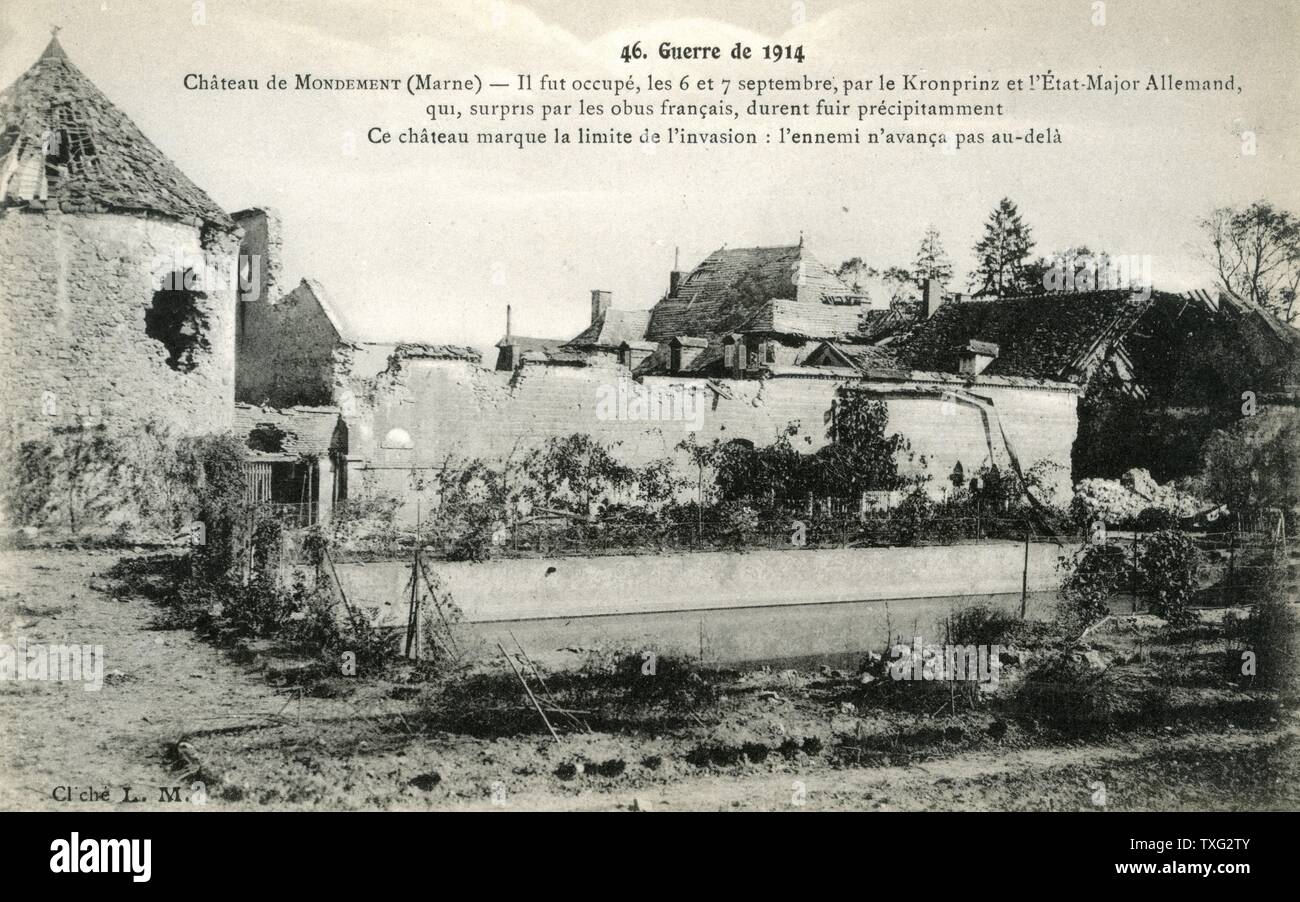 Postcard representing the ruins of the Château de Mondement in the Marne region. It has been occupied by the Germans then taken back by the French artillery during the First Battle of the Marne in September 1914. Stock Photo