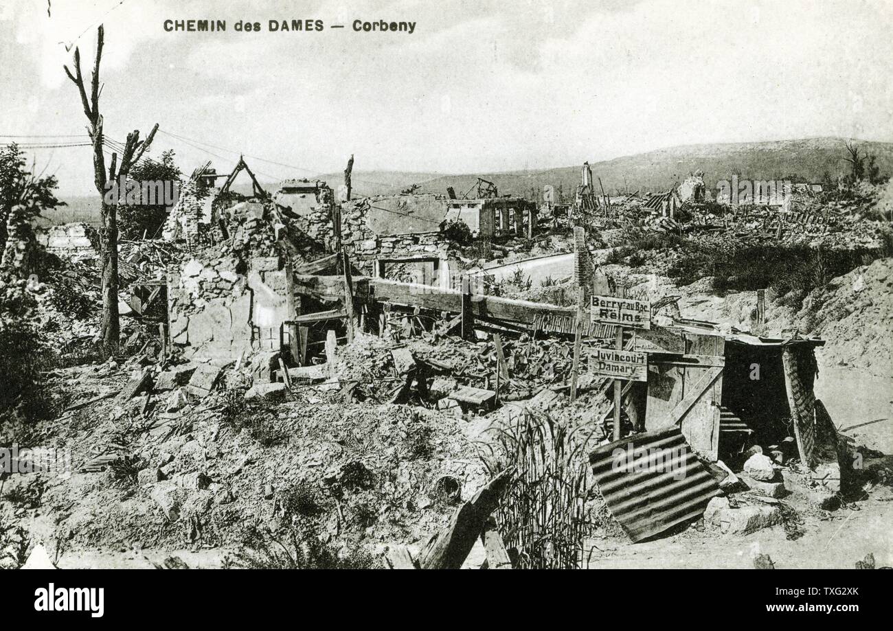 Postcard representing ruins and desolation on the Chemin des Dames in Corbeny. 1918 Stock Photo