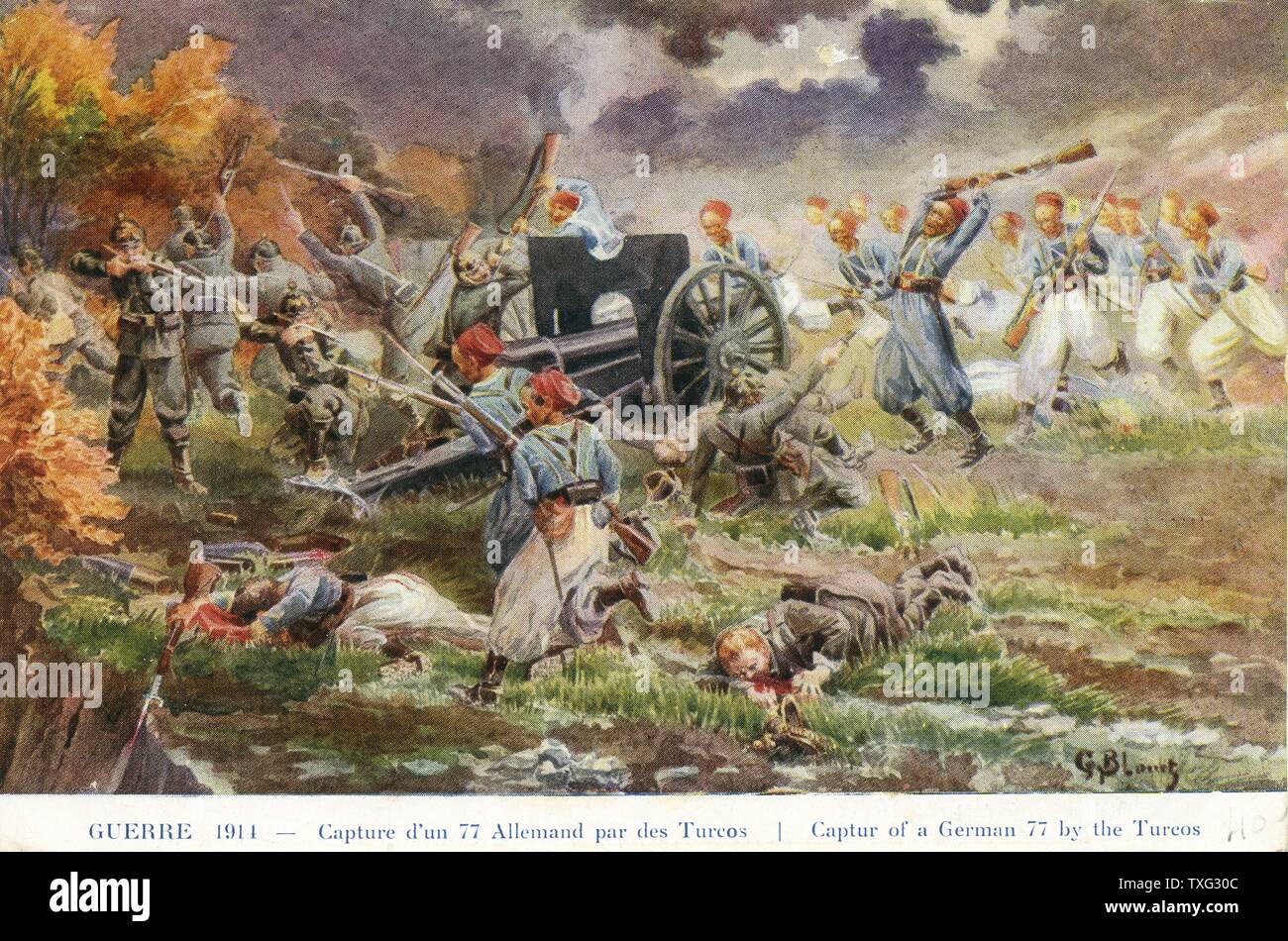 Postcard representing Turcos (Algerian infantrymen) taking a 77 mm cannon from the German soldiers. 1914 Stock Photo