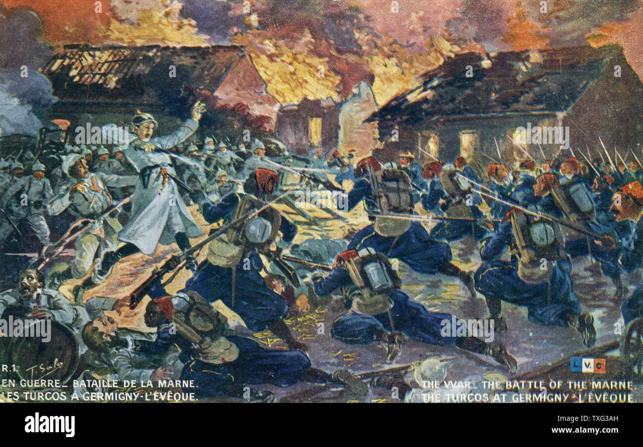 Postcard representing Algerian Tirailleurs attacking German soldiers in Germigny L'Evêque during the First Battle of the Marne. September 1914 Stock Photo